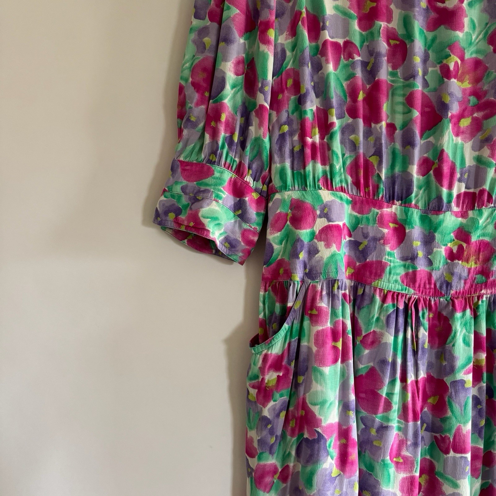 Vintage Neiman Marcus Maggy London 80s Floral Dress 12 Dropped Waist Pockets