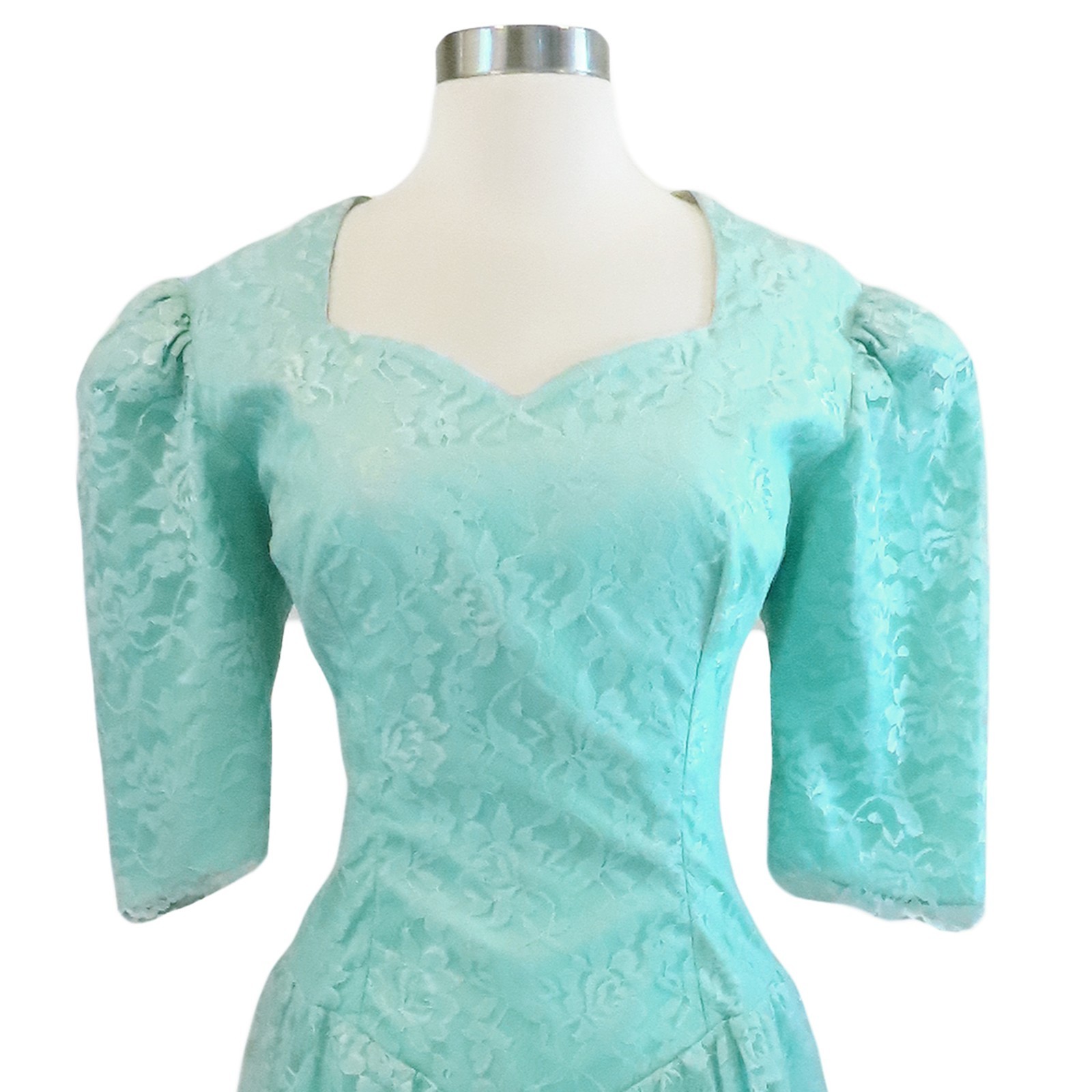 Vintage 80s Blue Green Seafoam Lace Peplum Sheath Cocktail Party Prom Dress L XL