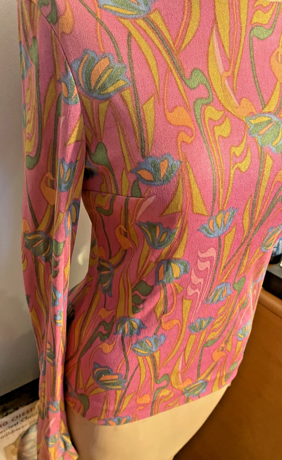 Vintage 1960’S XS Leonard Fashion Paris FRANCE-PINK FLORAL PULLOVER W/BUTTON BCK