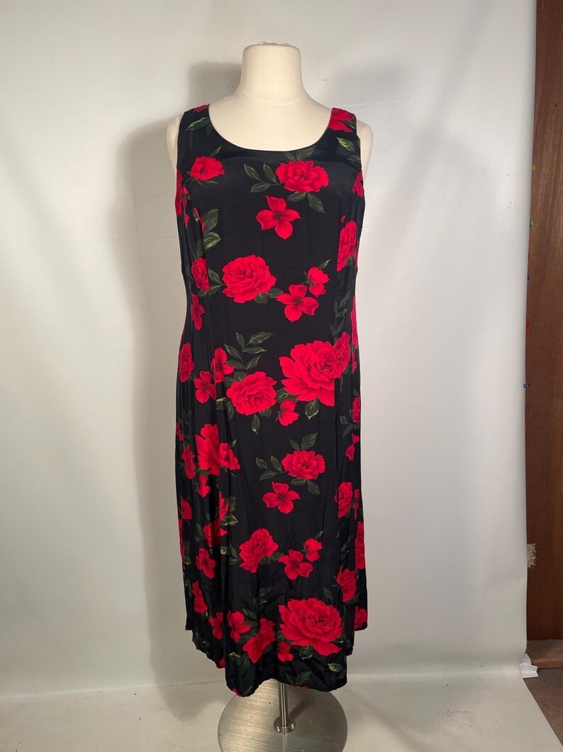 Vintage 1990s Plus Size Rose Print Rayon Maxi Dress Made In USA Size 18 2XL
