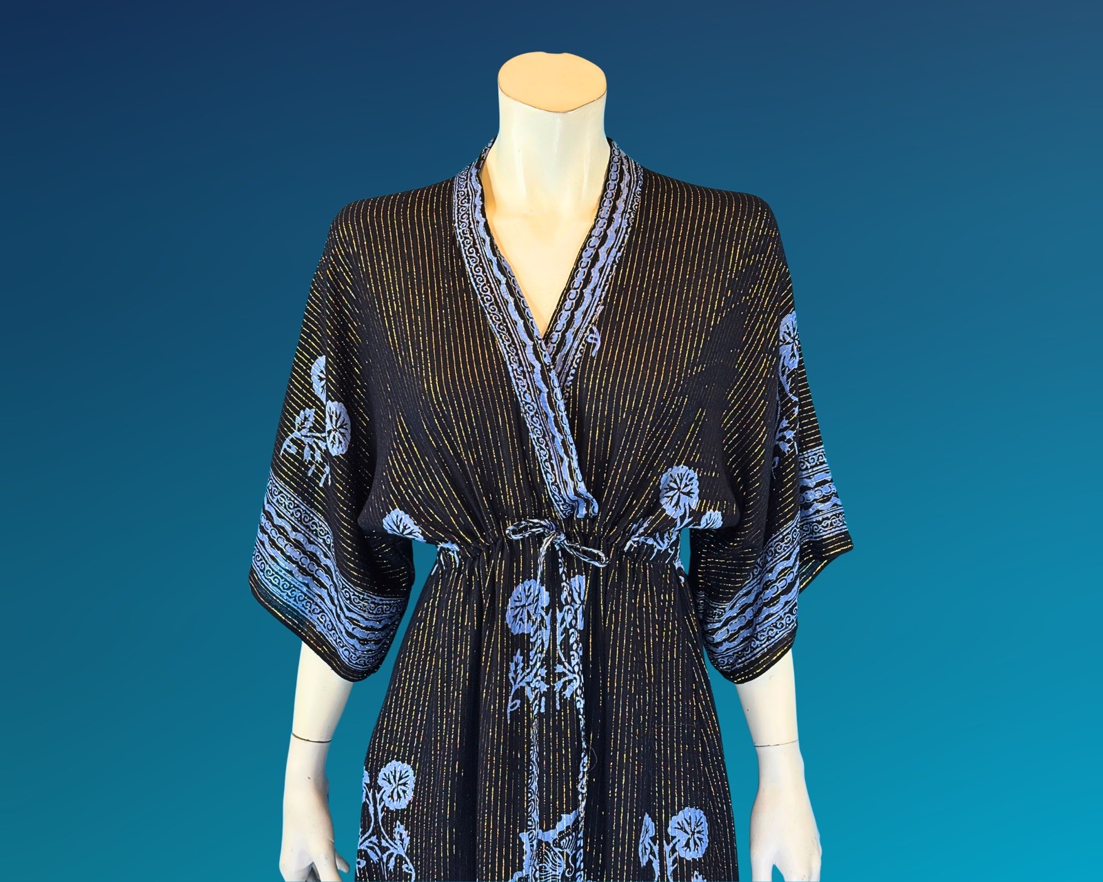 90s Gold Metallic Stripe Black and Blue Rayon Kaftan Dress | S M