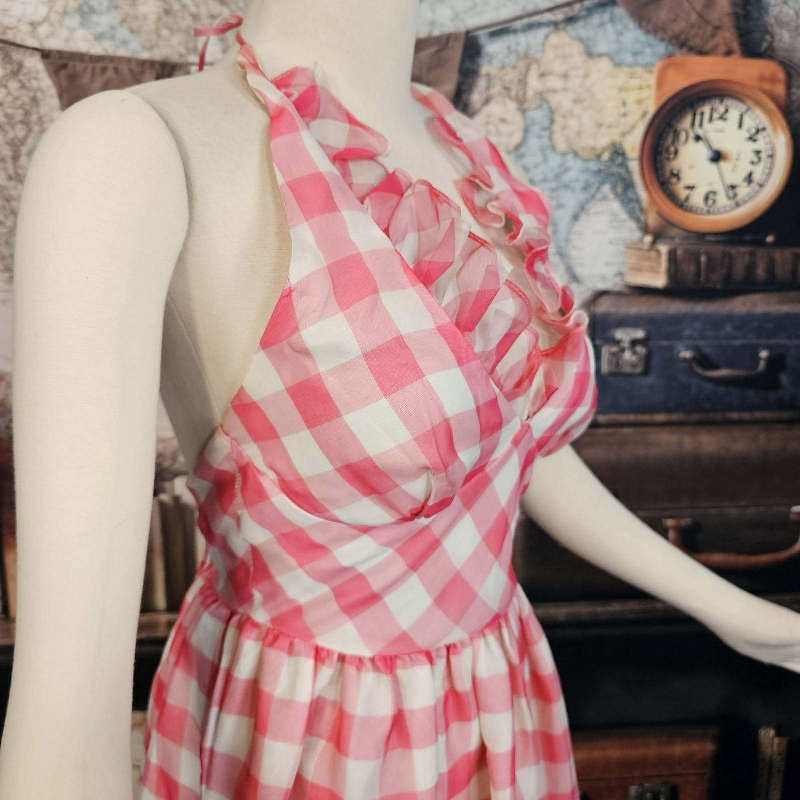 Vintage 1970s Maxi Dress Sundress Pink and White Gingam Check Ruffled V-Neck