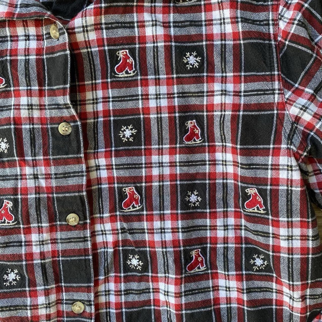 VTG Bobbie Brooks Plaid Ice Skate Snowflake Button Up with Velour Collar – L