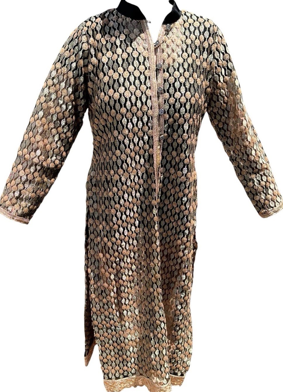 Metallic Embroidered Formal Kaftan Dress & Scarf Black Gold 50” Long