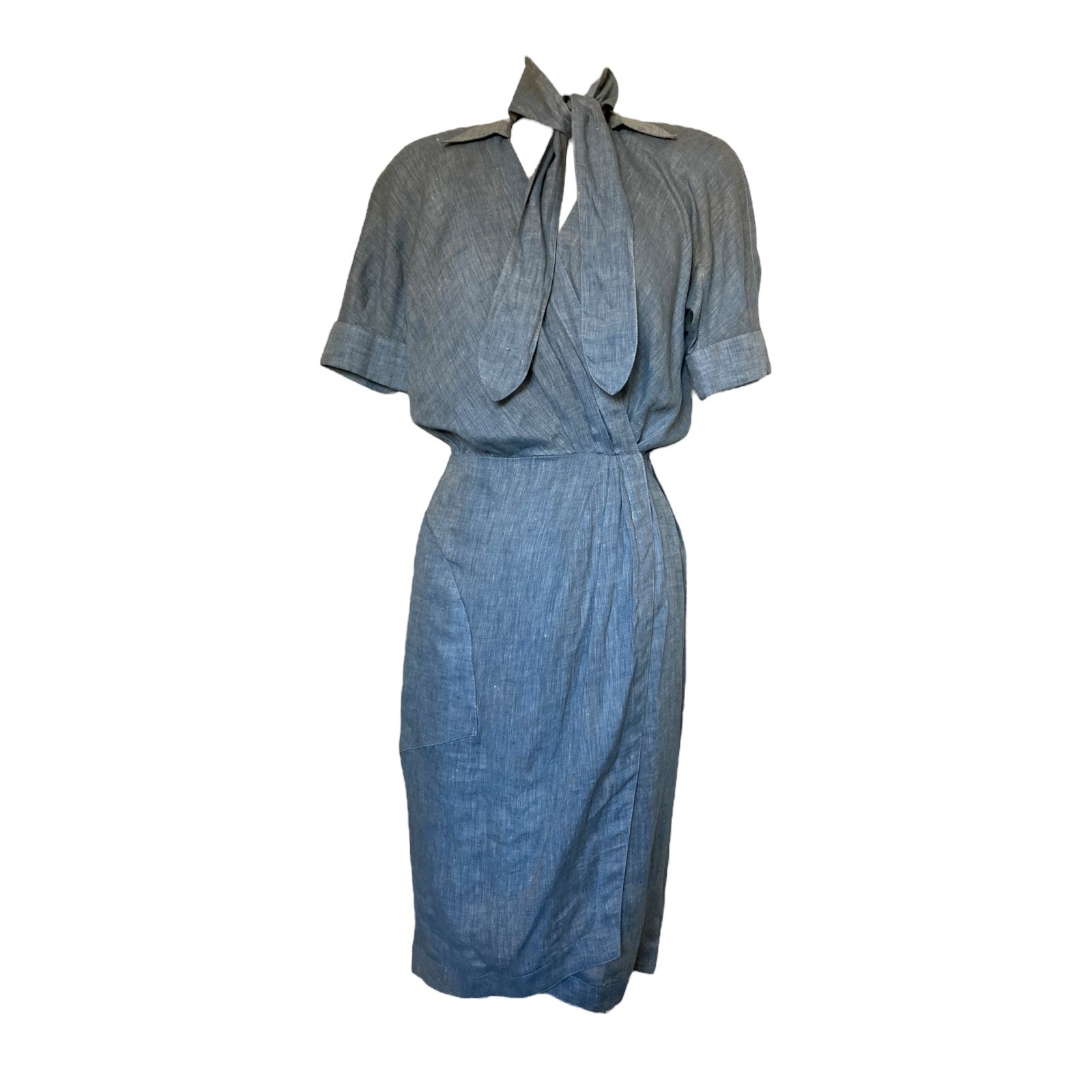 Thierry Mugler 80s 90s light grey blue wrap hemp dress with belt/scarf