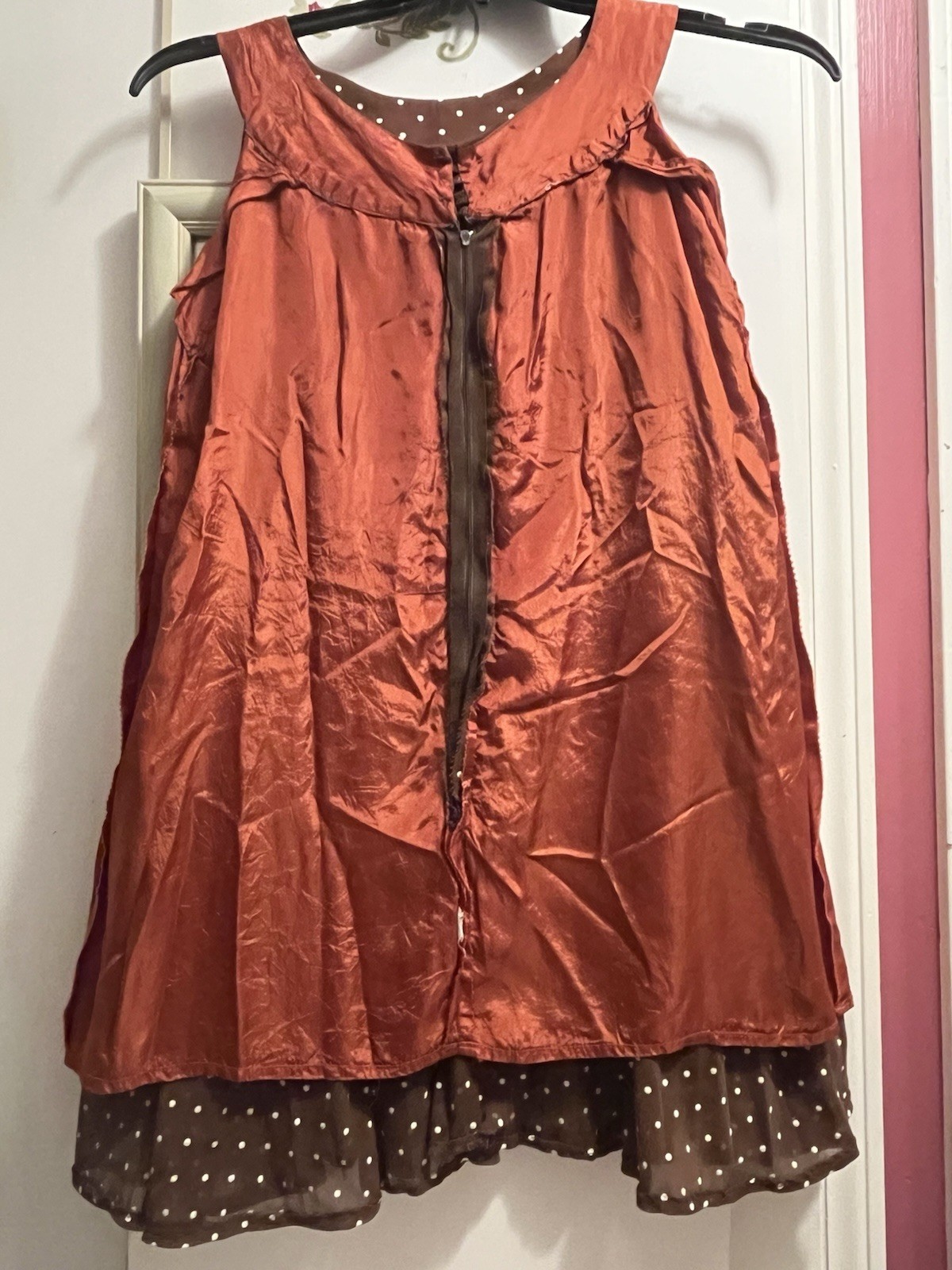 Vtg 1960’s Brown With White Polka Dots Pleated Sleeveless A-Line Dress Cut Tag