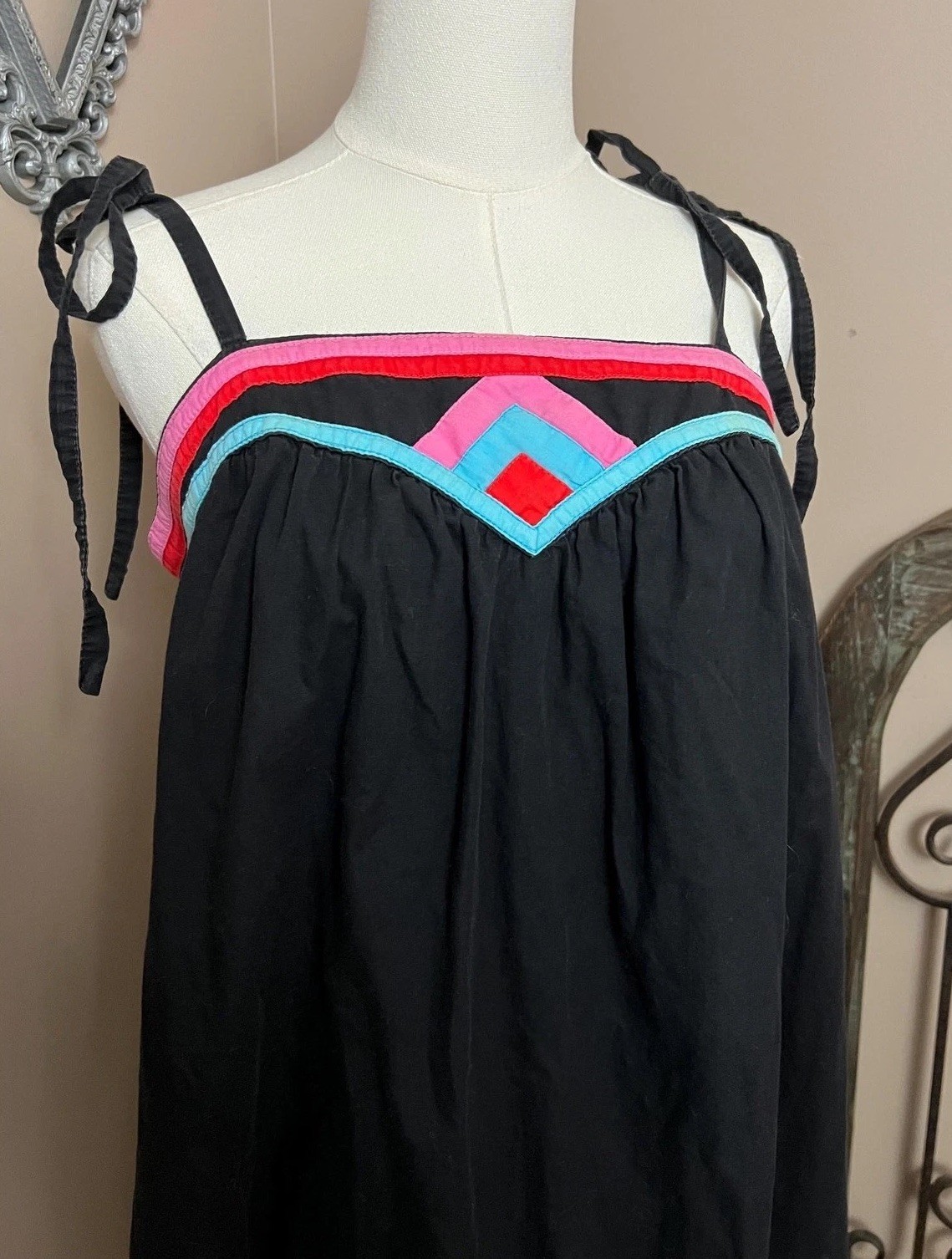 Vintage 70s Neiman Marcus Black Cotton Shoulder Tie Sundress Retro Mod Size L
