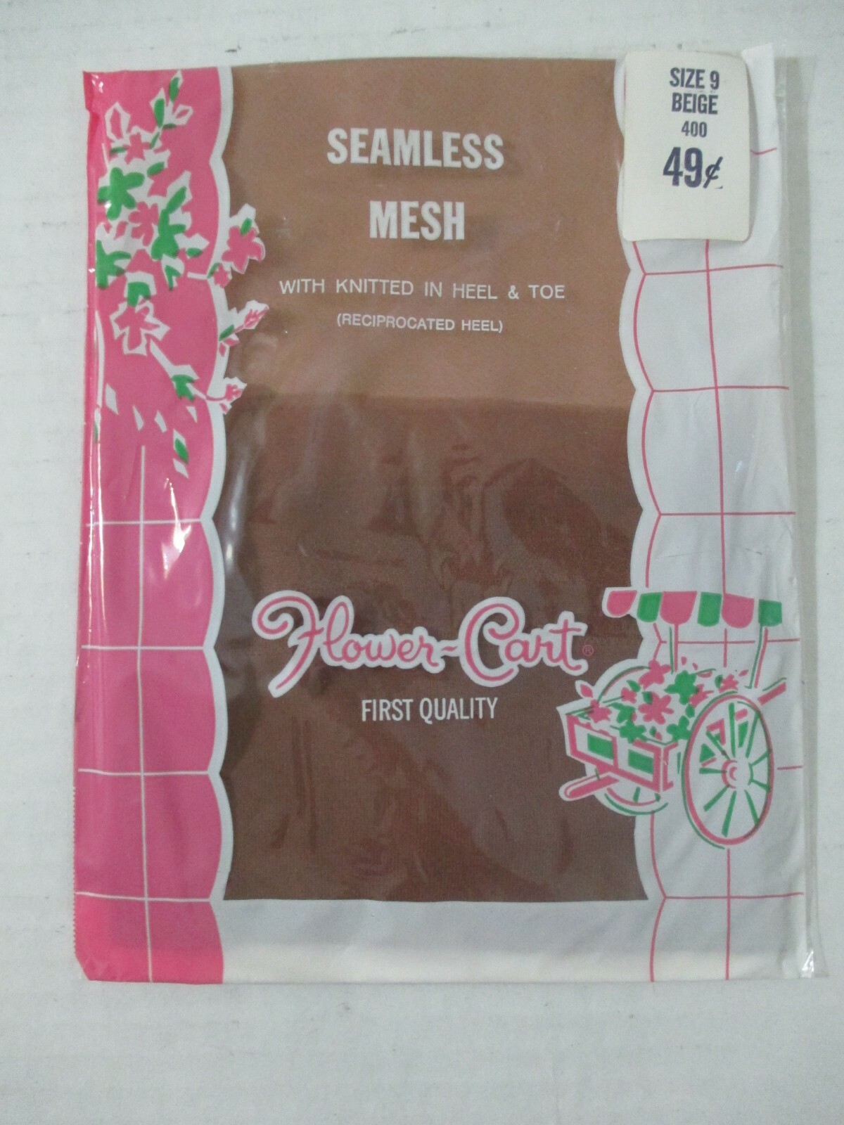 VINTAGE FLOWER CART SEAMLESS NYLON GARTER STOCKINGS SIZE 9 BEIGE #400 SEALED