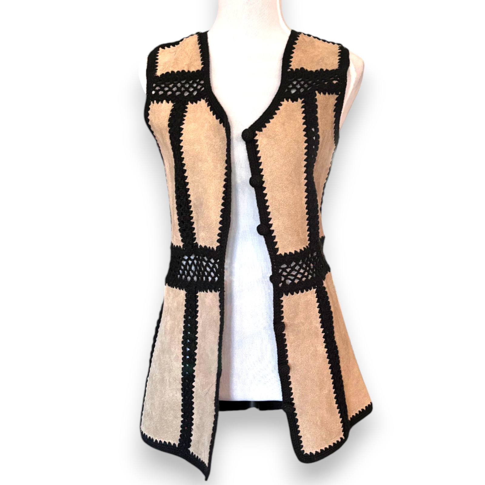 Tarri vtg 60s cream genuine leather and crochet button up sweater vest sz S