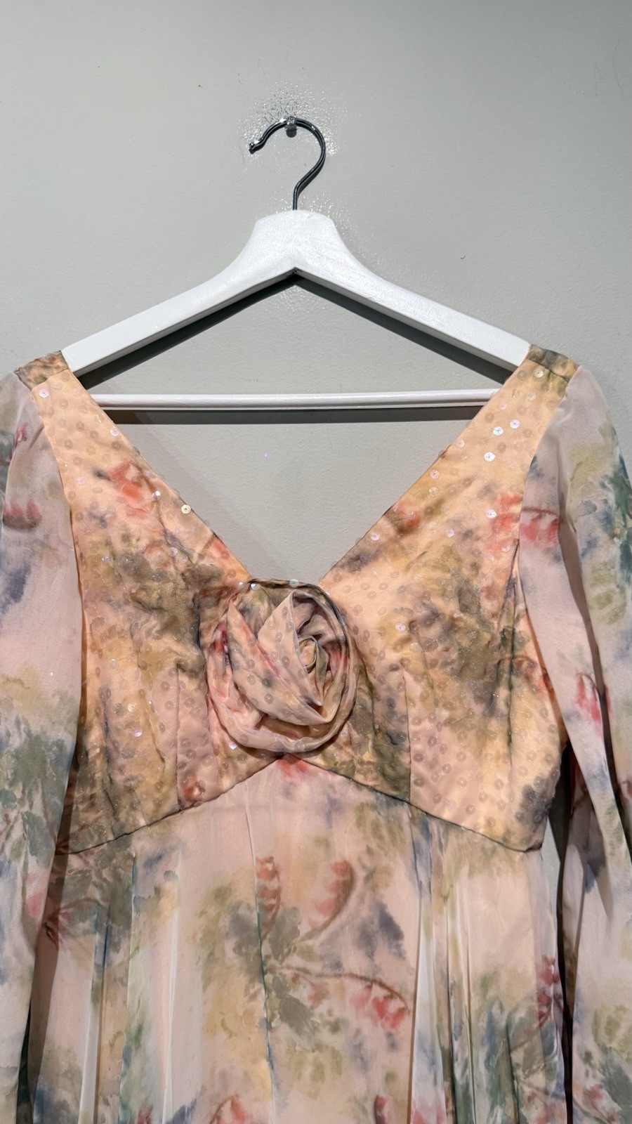 1960’S ROSE TAFT COUTURE VINTAGE CHIFFON FLORAL DRESS WOMEN S Romantic Beaded
