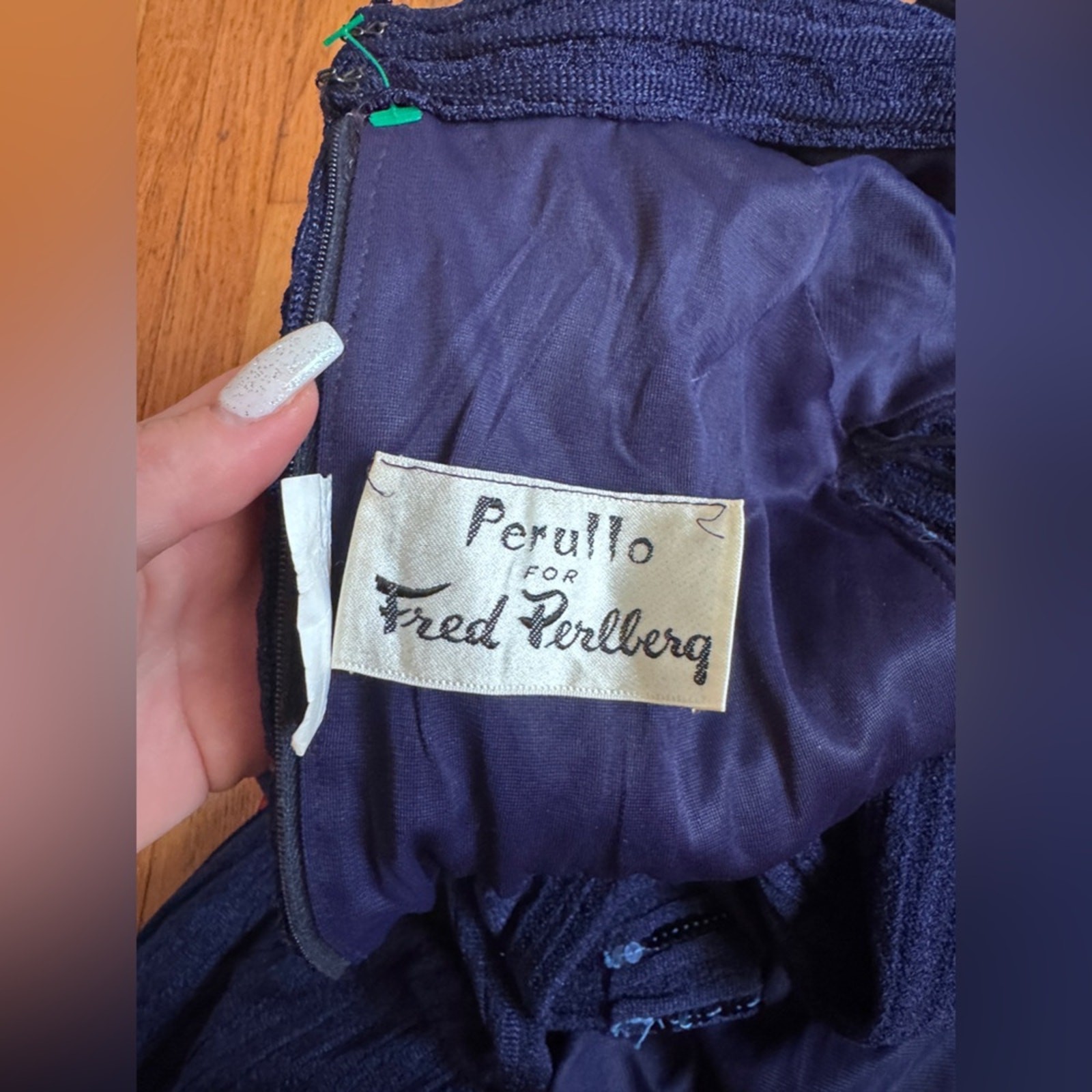 70s Vintage Perullo for Fred Perlberg Navy Blue Knit Maxi w Sequin Details Sz Xs