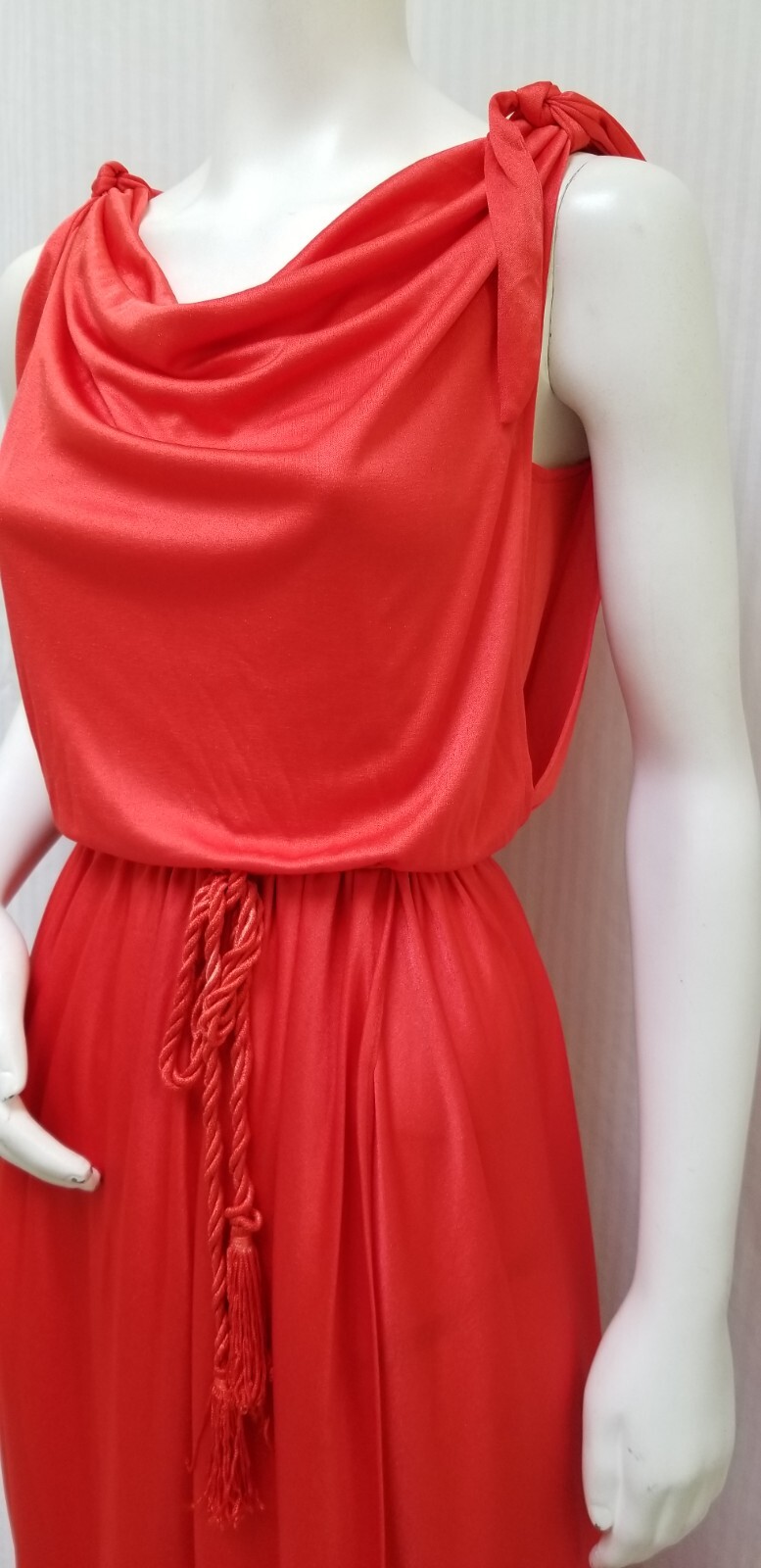 Vintage 1970s Shiny Red Jersey Knit Disco Draped Dress w/ Tassel Belt – Size S