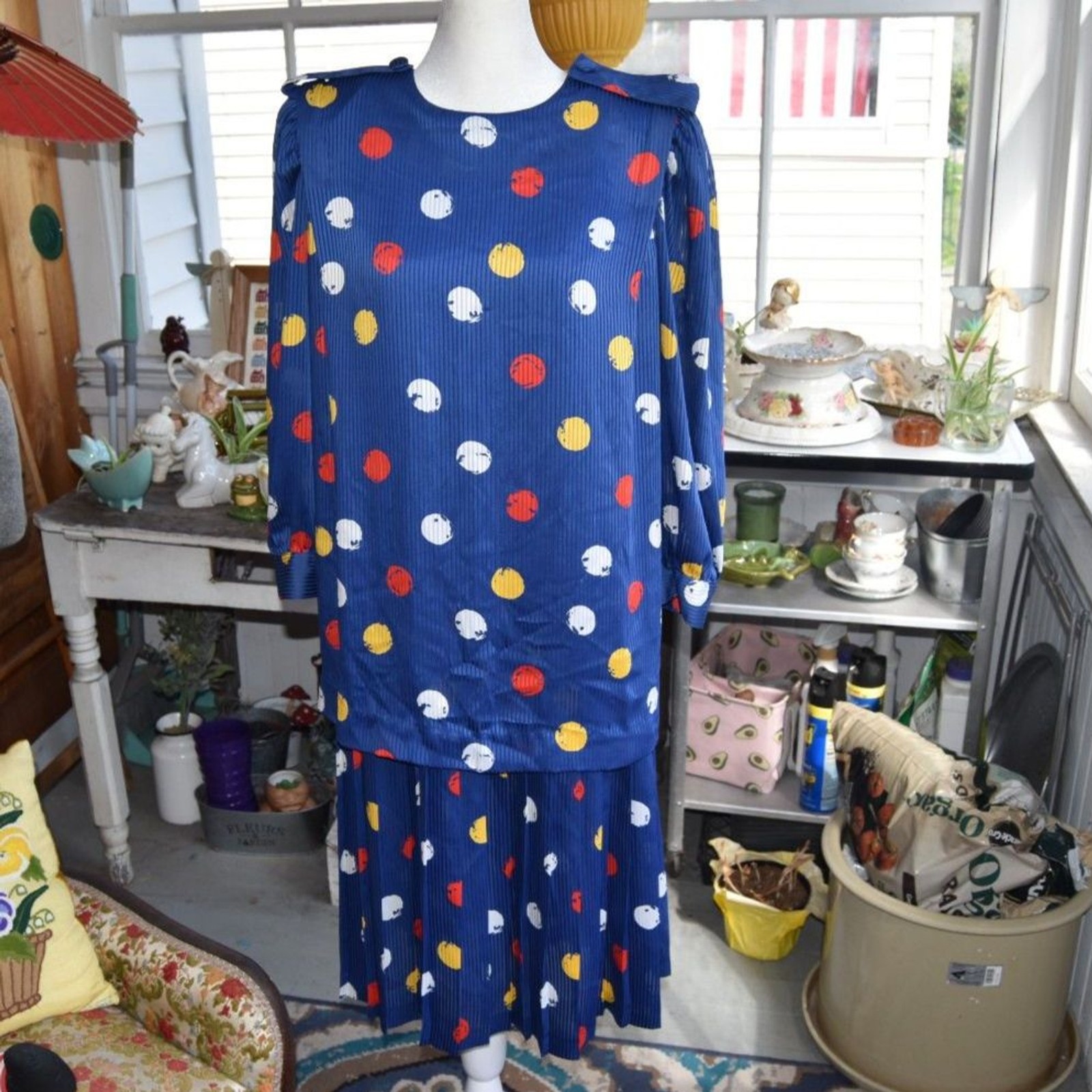 Vintage 80s Leslie Fay Petites Polka Dot Pleated Dress Blue Large