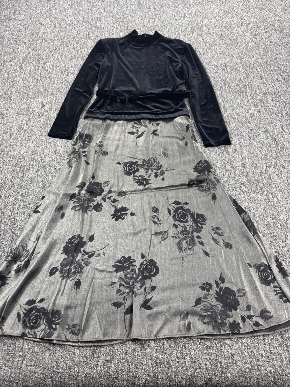 Vtg Expo Dress Women 12 Night Black Velvet Floral Flare Cocktail Whimsigoth Vtg