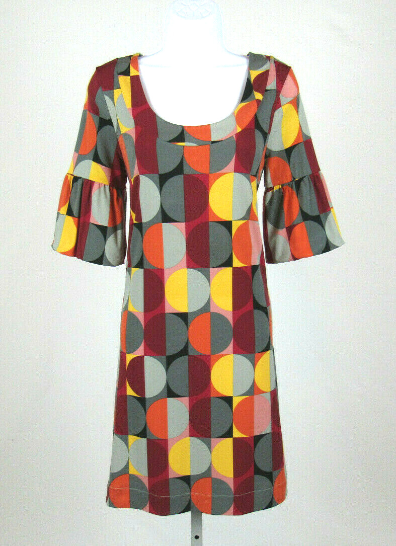 VTG 1980s 90s ELLE SMALL POLY SPANDEX DRESS MOD GEOMETRIC PATTERN PUFFY CUFFS