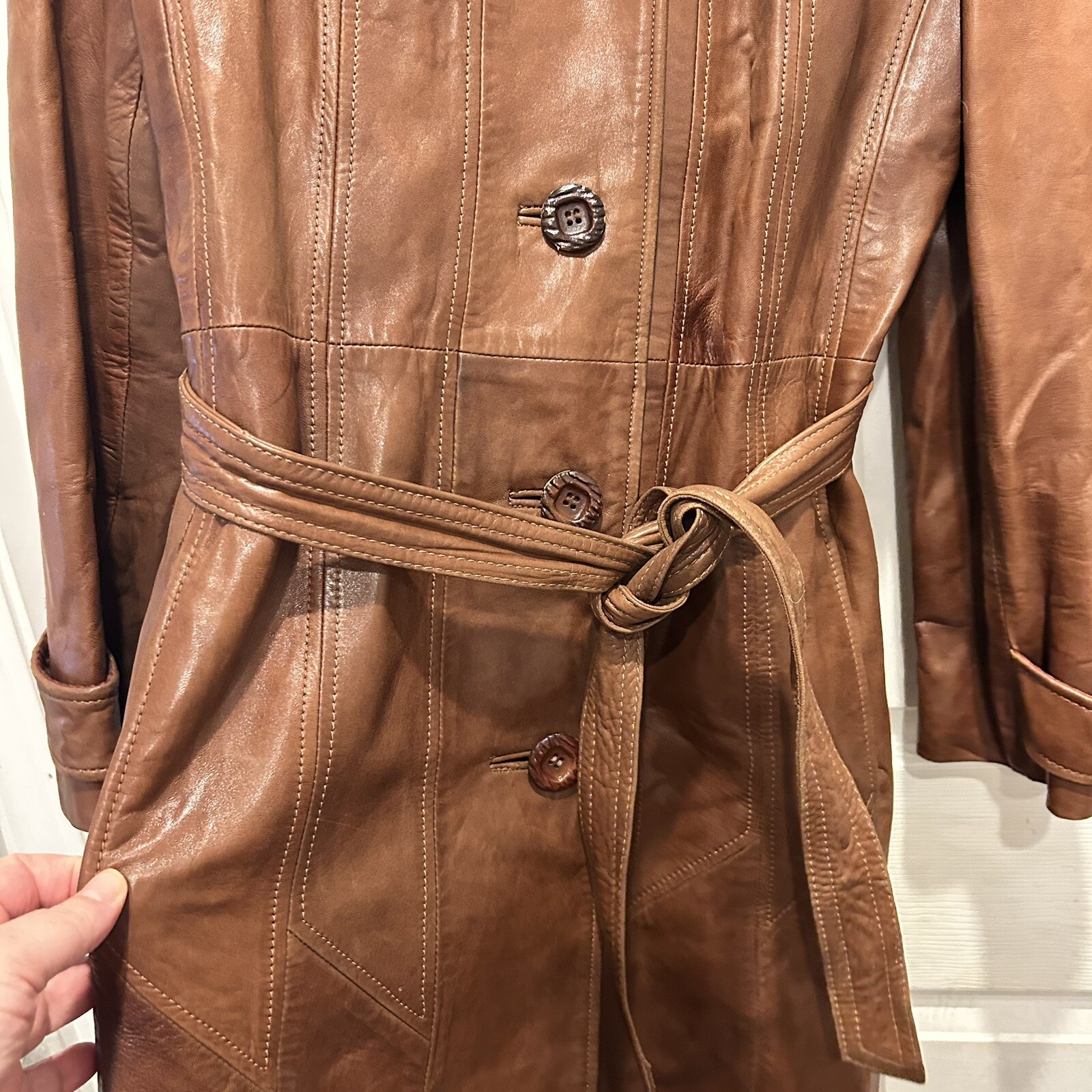 Skin Gear Belted Leather Trench Coat Jacket Womens M Vintage 70s Brown Lambskin