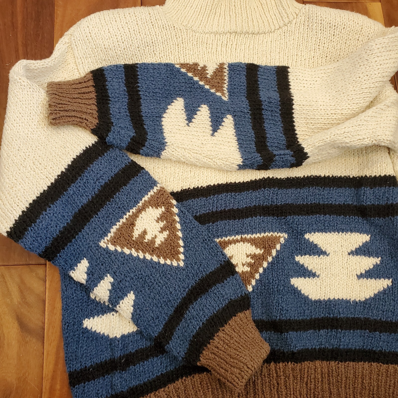 Mockneck Southwest Aztec Sweater Cream VTG 90s S/M Chunky Western Earth Tones