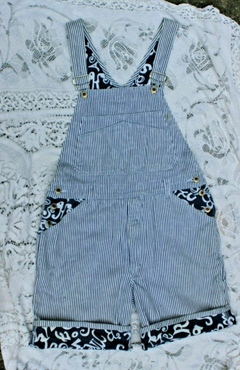 Vintage 1990’s Mixit Women’s Hickory Stripe w Alphabet Contrast Overalls Shorts