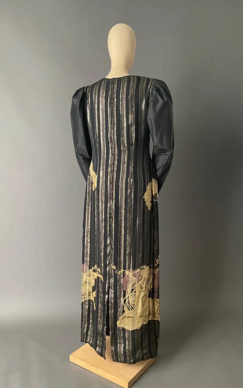 Vtg 80s Richilene Dress Gown Black Chiffon Gold Stripe Japanese Garden Medium