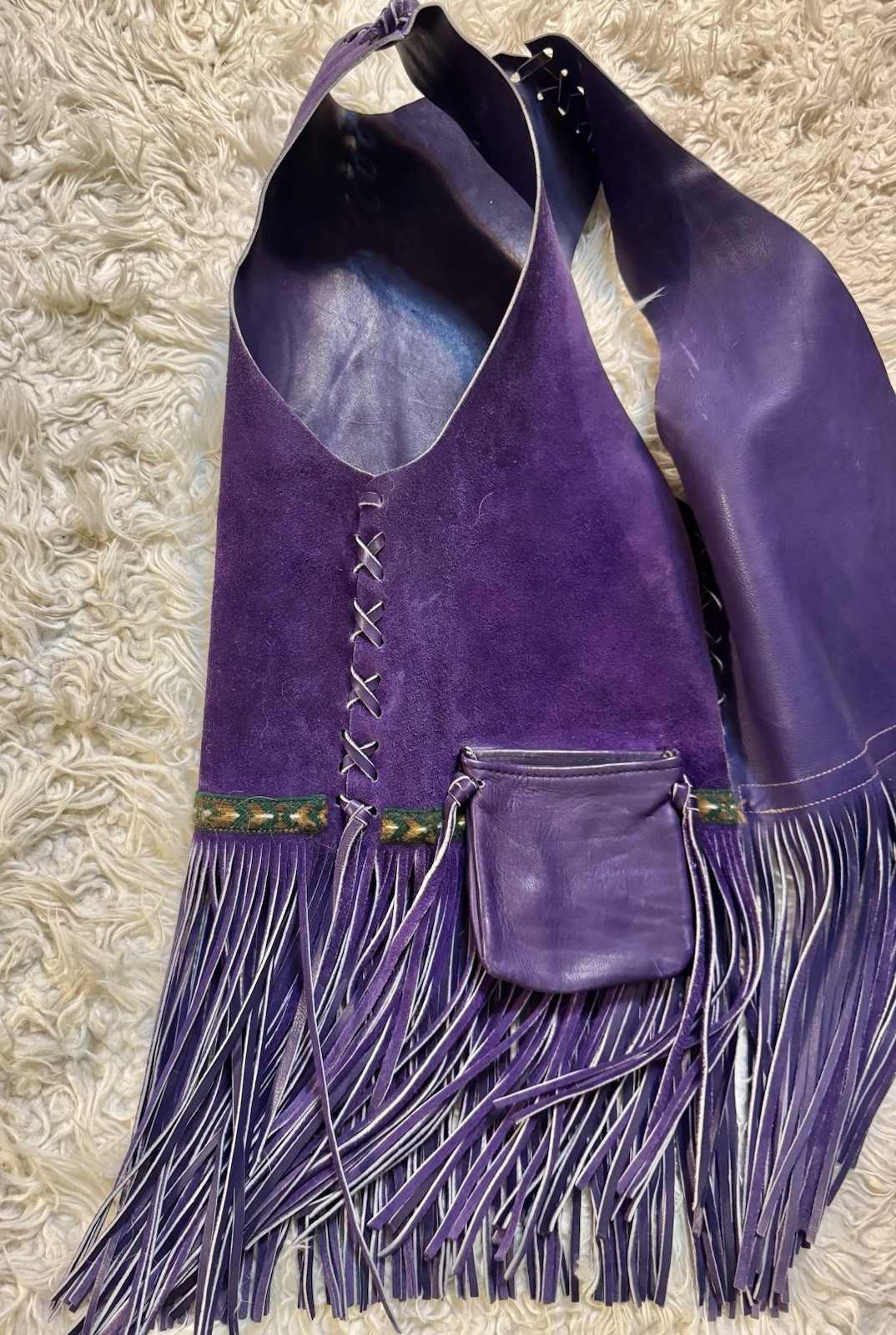 Vtg 70s Purple Leather Suede Vest Fringe Pocket Boho Rock Star Jacket Unisex