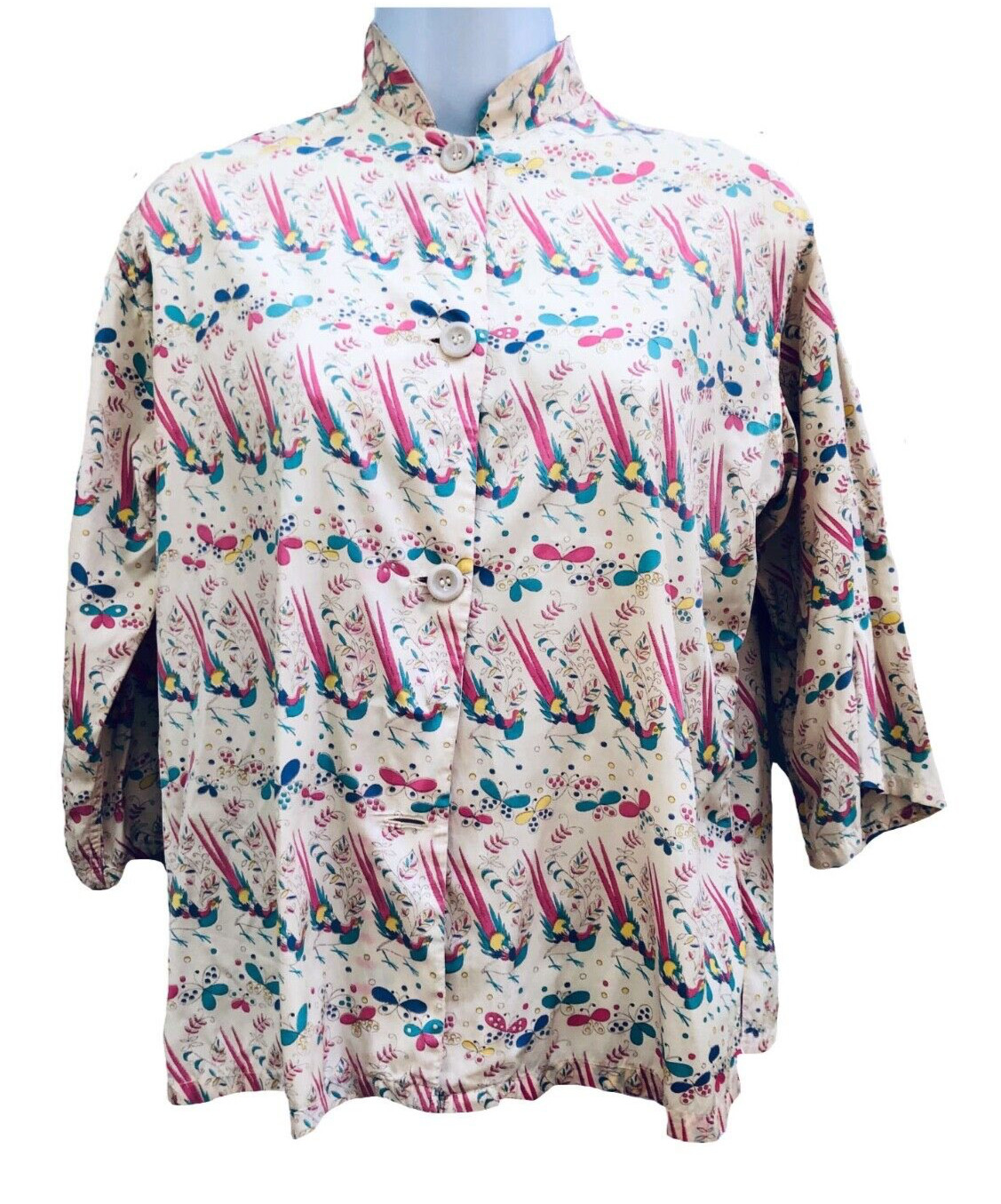 Vintage 40s Silk Rayon Blend Mandarin Collar Fun Print Ivory Blouse Top size 34