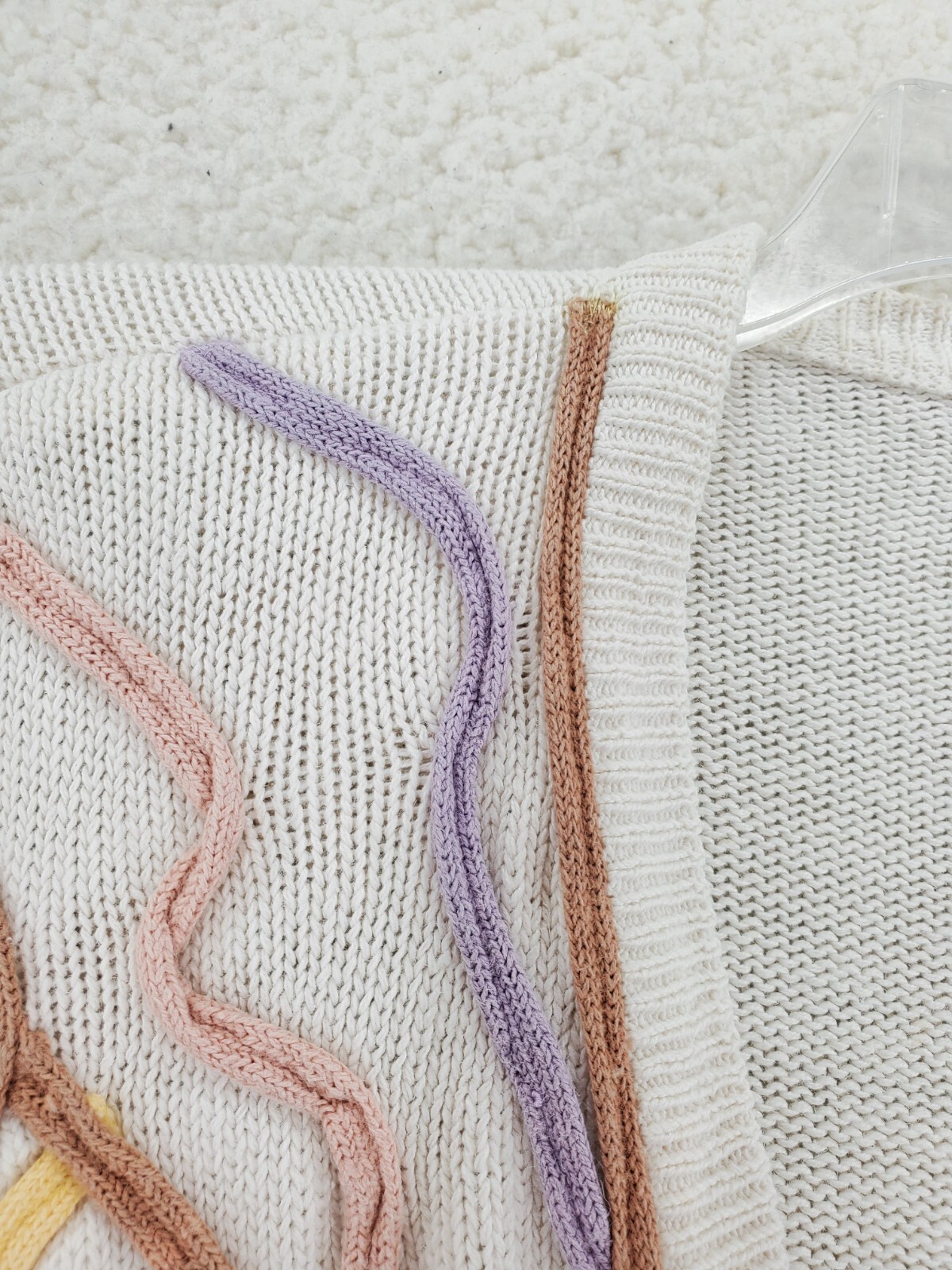 Cardigan Sweater Button V-Neck Cream Colorful Pastel Overstitch Cable M Vtg 80s