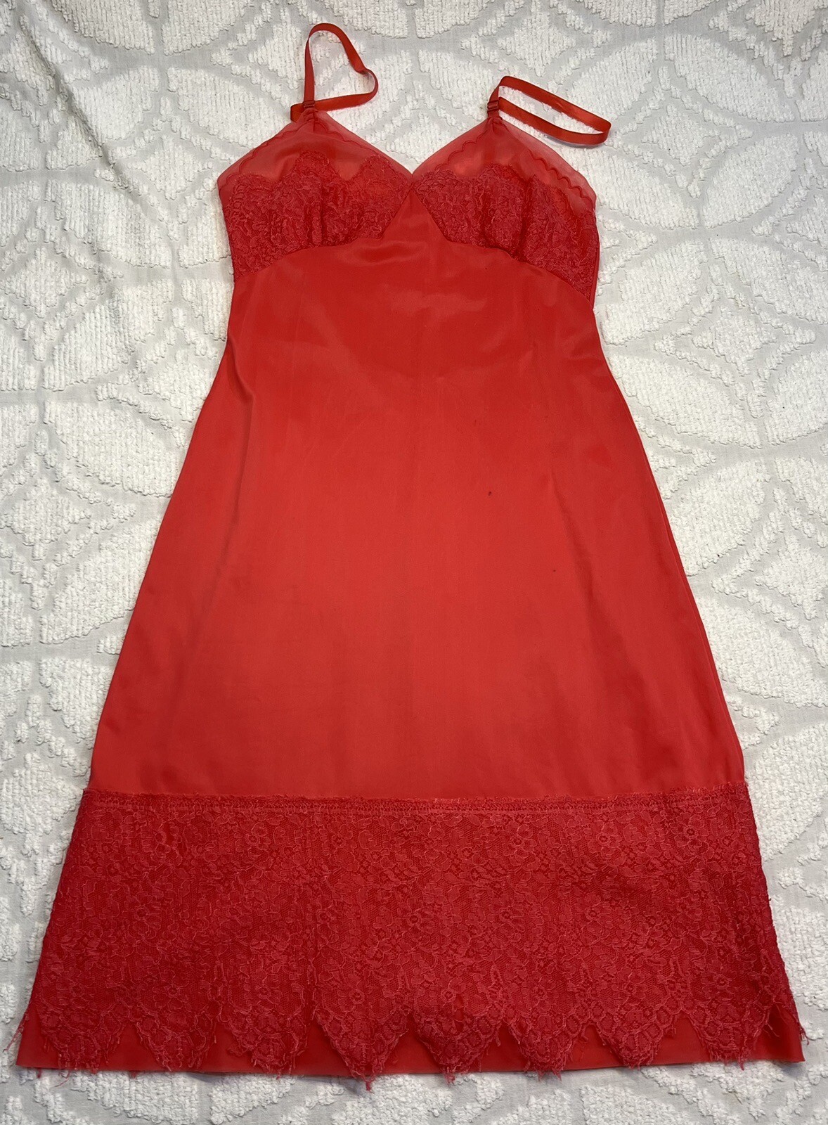 Vtg 50s/60s Luxite Kayser Slip Sz 32 Red/Pink & Lace Nylon Midi Repaired