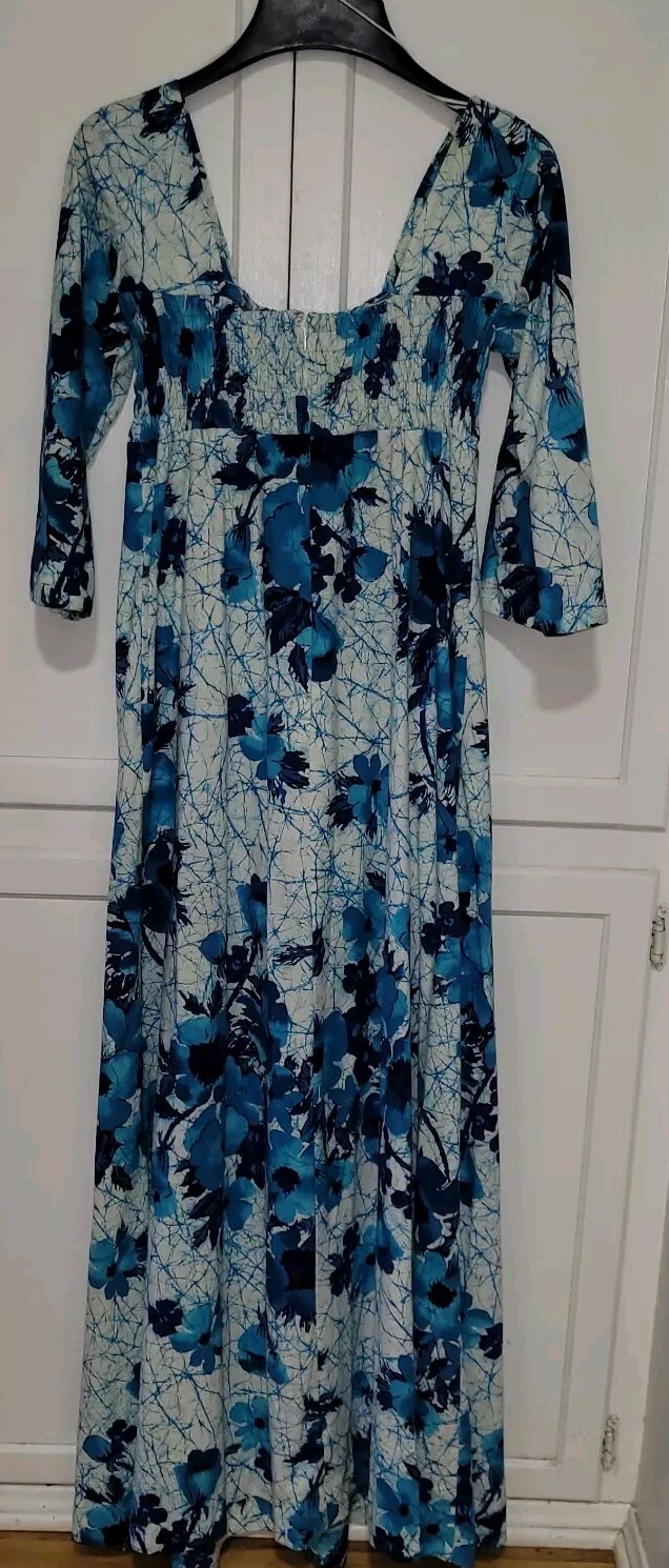 Waltah Clarkes Vintage Blue Hawaiian Island Maxi Dress, Ruched Chest, Excellent