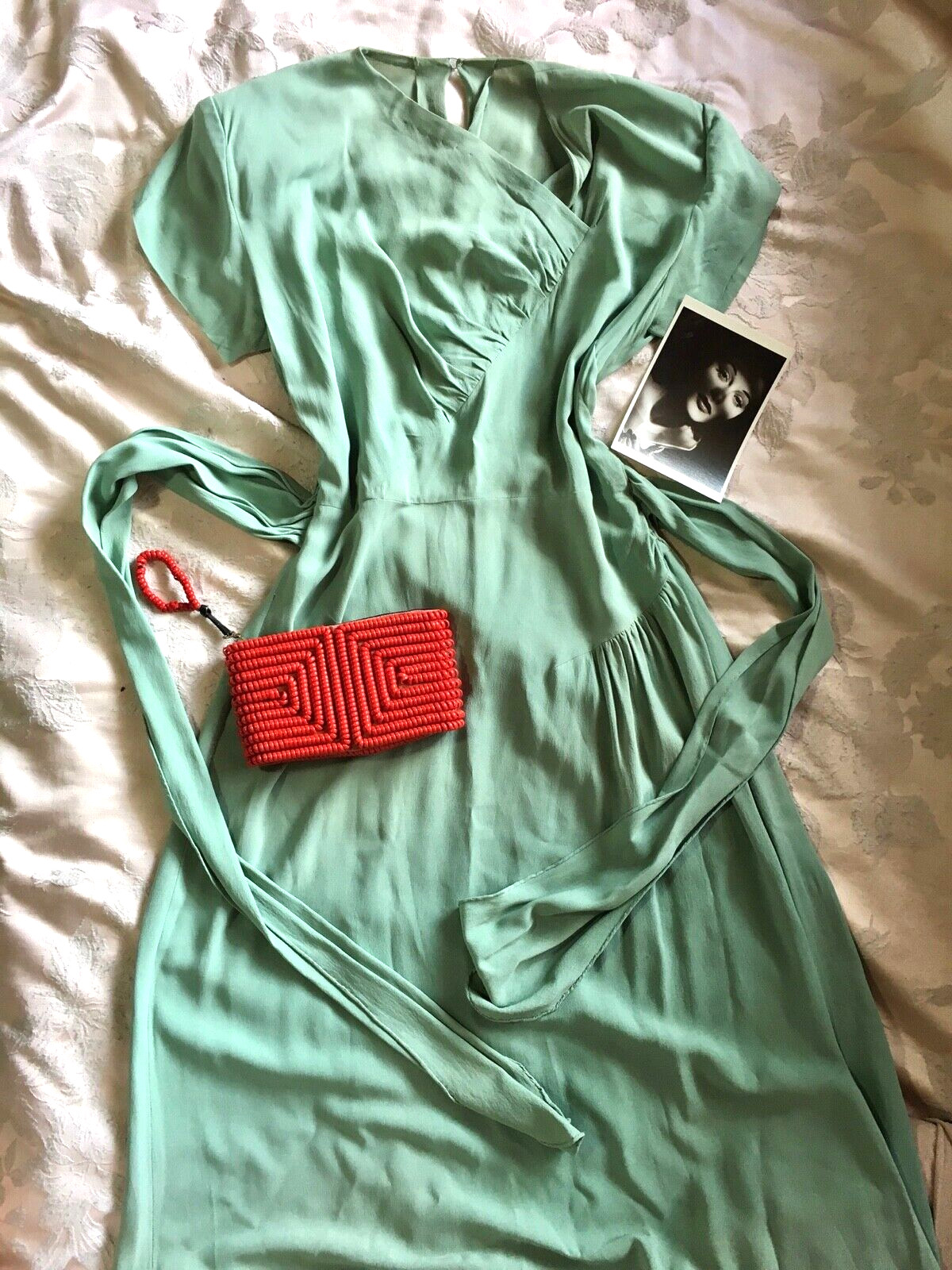 Vintage 1940s Mint Seafoam Green Old Hollywood Glamour Goddess Gown Dress