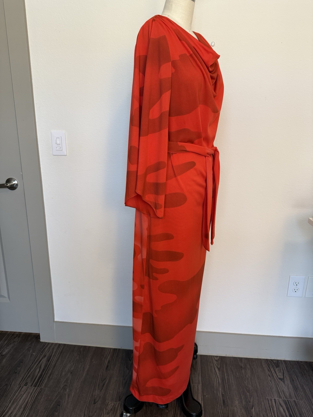 70s Solo San Francisco Red Watercolor Print Maxi Dress, Bell Sleeves, Size 13/14