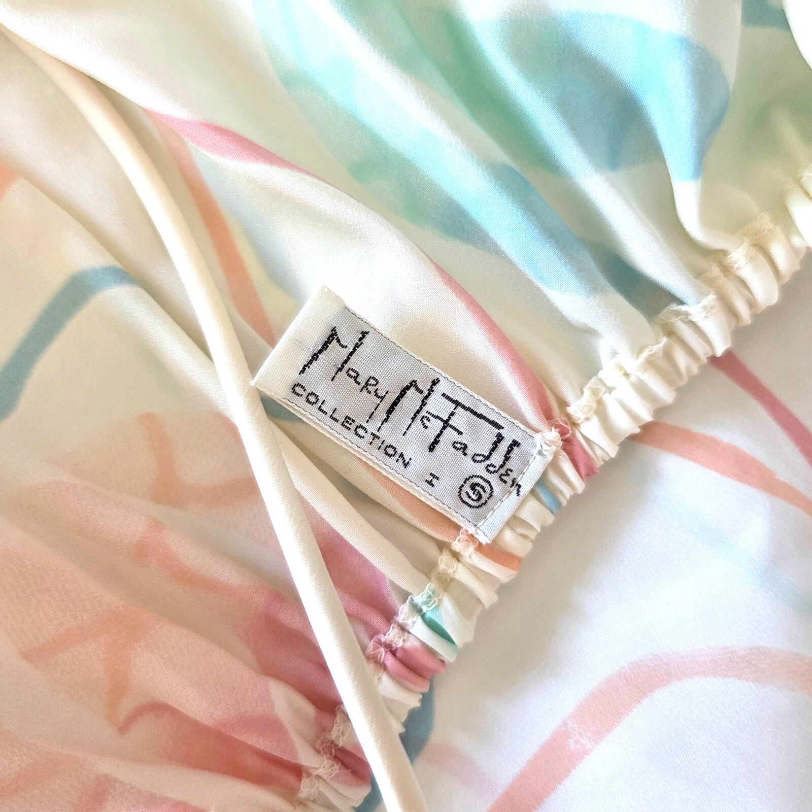 Vintage Mary McFadden S Dress Pastel Floral Lotus Pink Blue on Cream Bow Strap