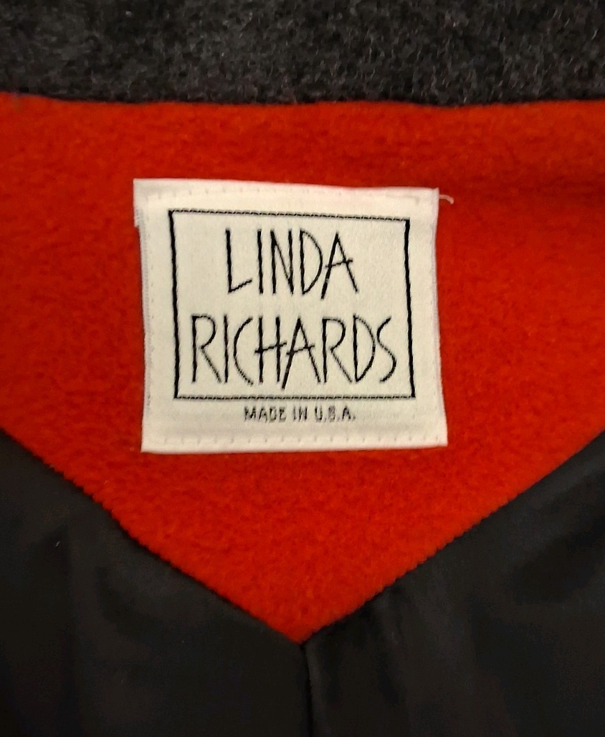 Rare Linda Richards 80s 100%Wool Coat Red Gray Double Lapel Oversized Maximalist
