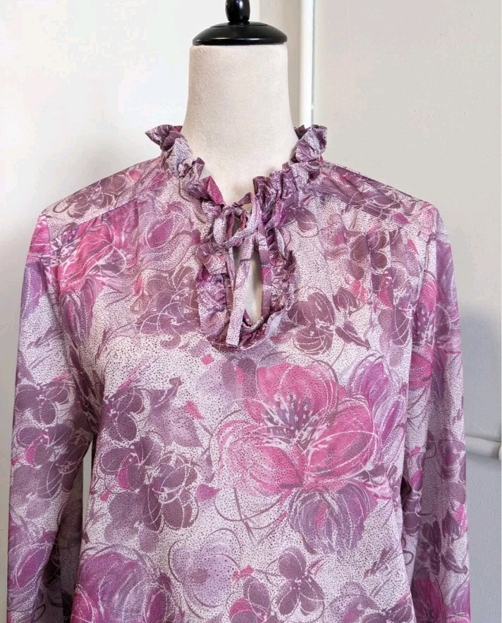 Vintage 70s D Allaird’s Blouse Womens Large Pink Floral Ruffle Neck Tie Top