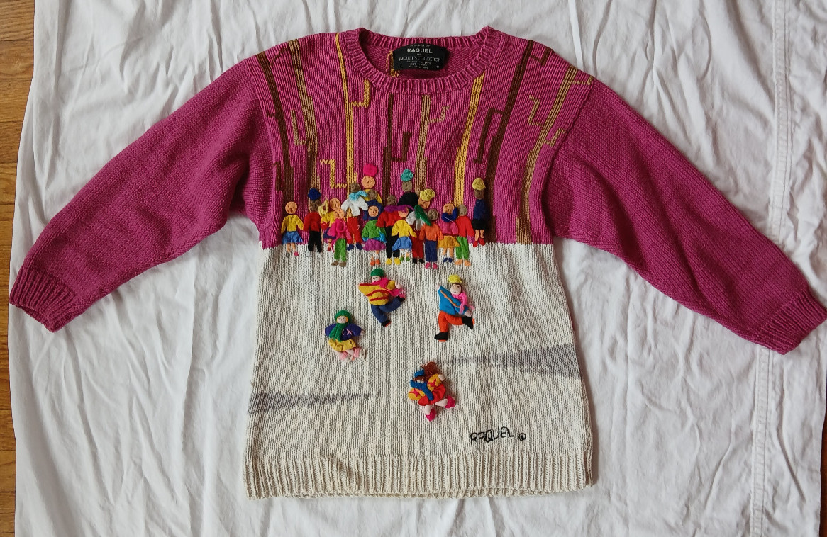 Vintage Raquel’s Collection 3D Ice Skating Scene Sweater Size L Handmade in Peru
