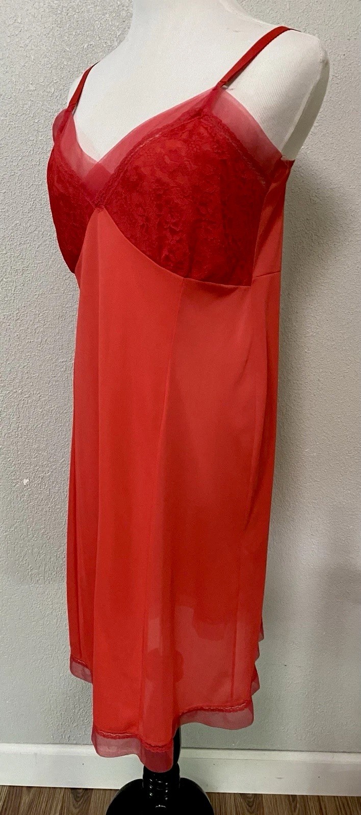 Vintage 1950s Red Rockabilly Chiffon & Lace Full Slip Nylon Sz 38 35 40