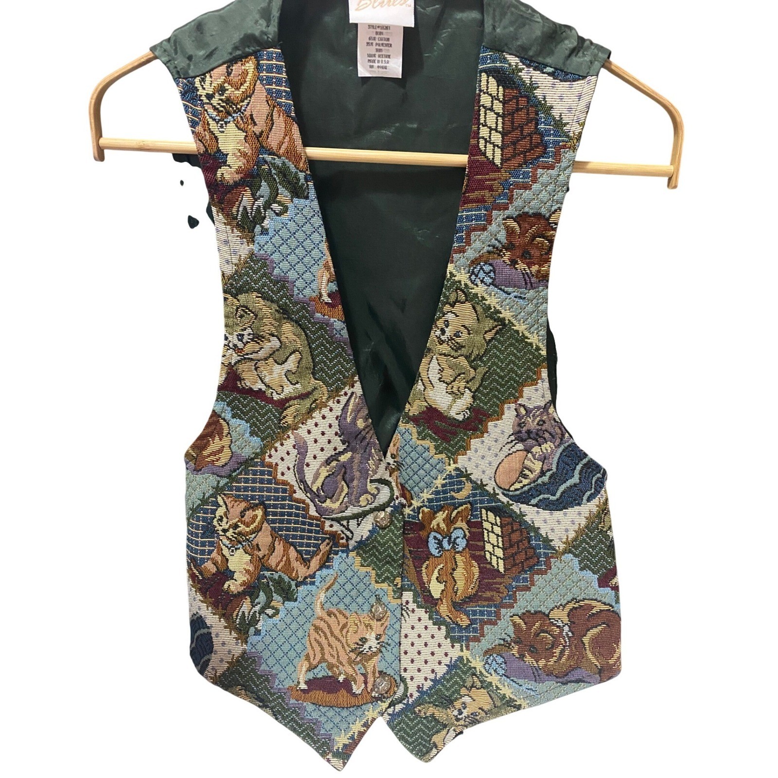 Backroad Blues Cat Tapestry Vest Women Small Green Vintage Good Woven Patchwork