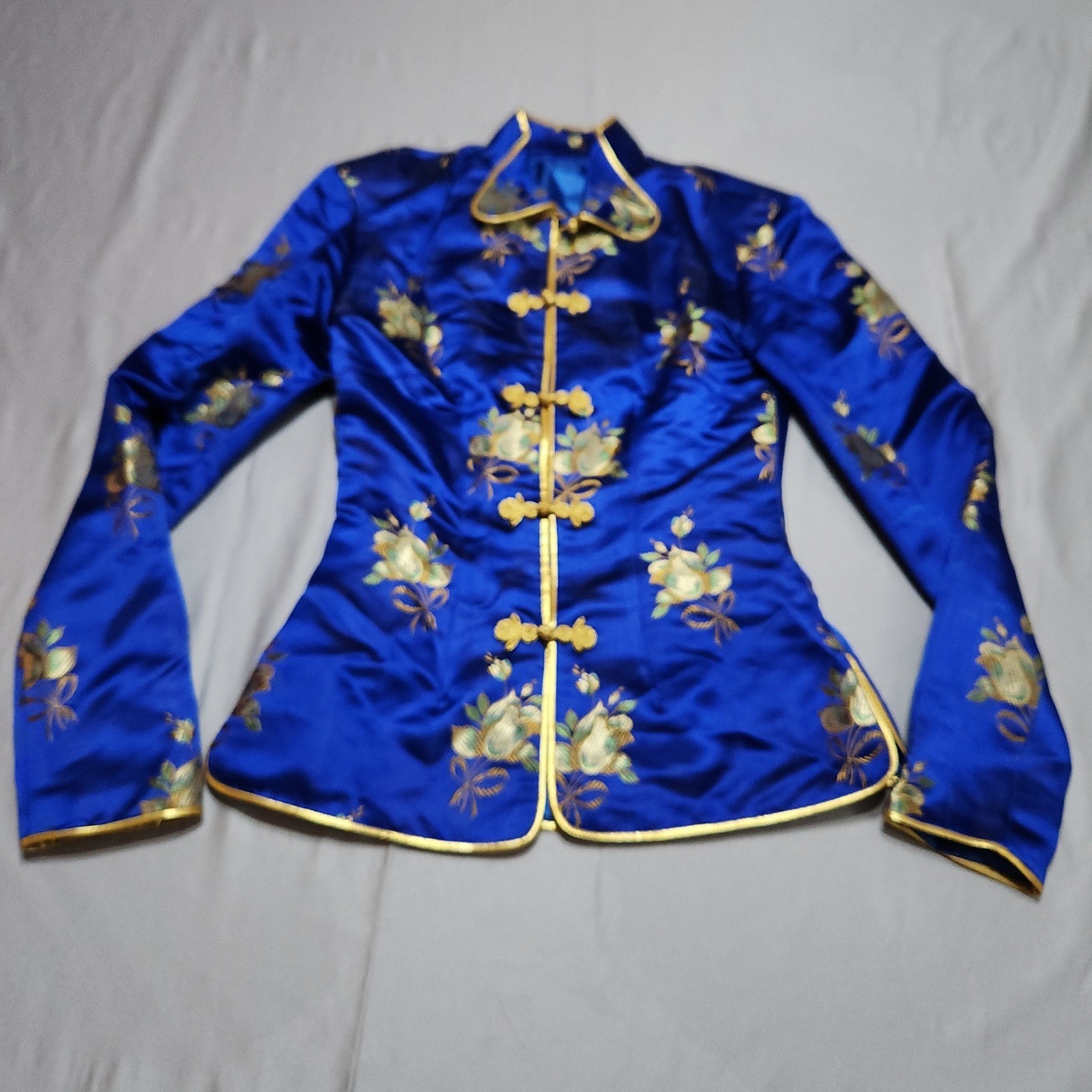 Vintage Blue Satin Floral Embroidered Skirt Set Mandarin Collar Frog Closures