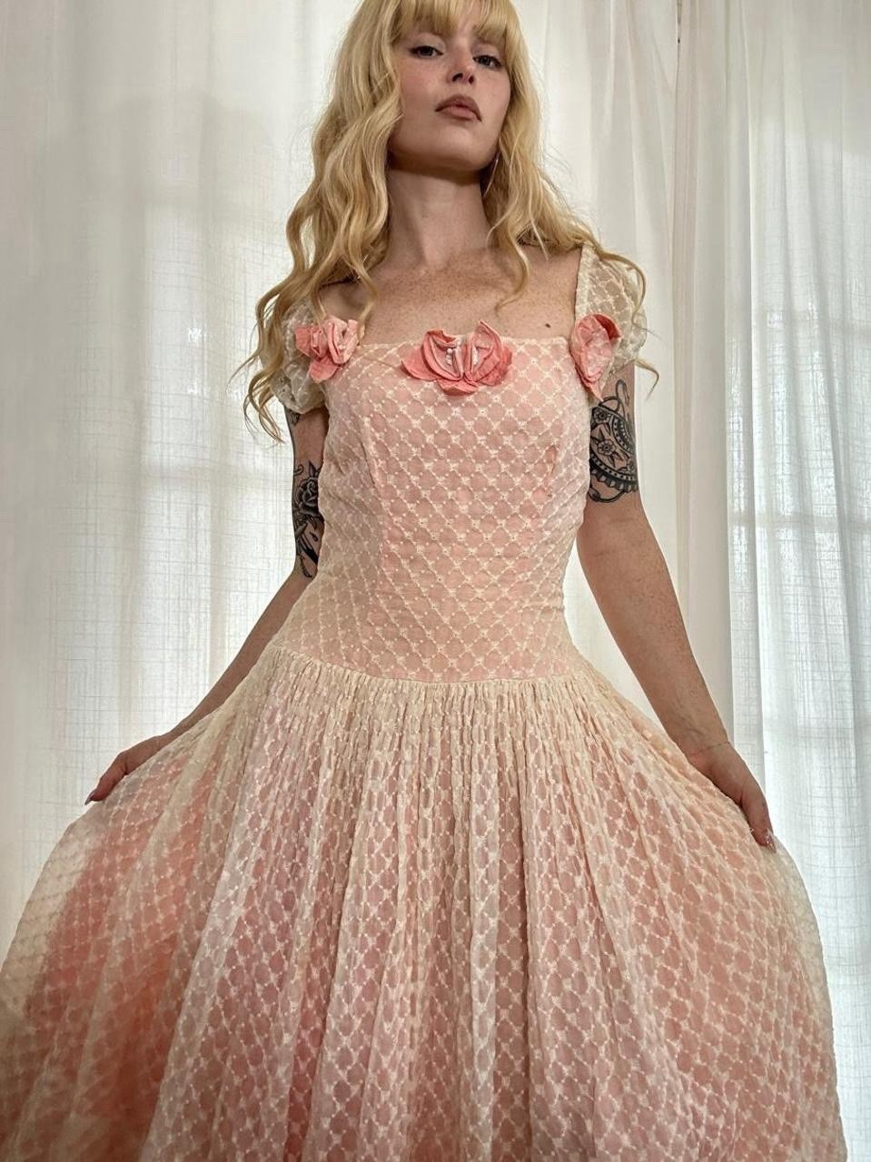 1940s blush pink puff sleeve fairy cottage princess floral appliqué party dress