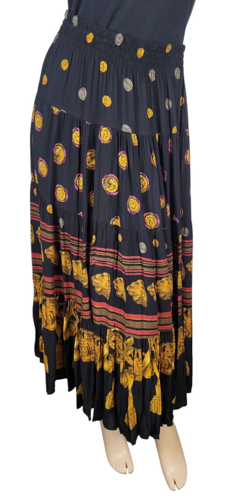Vtg CL Carole Little Black Gold Tassel Etruscan Revival Gauze Skirt Top Set 8/10