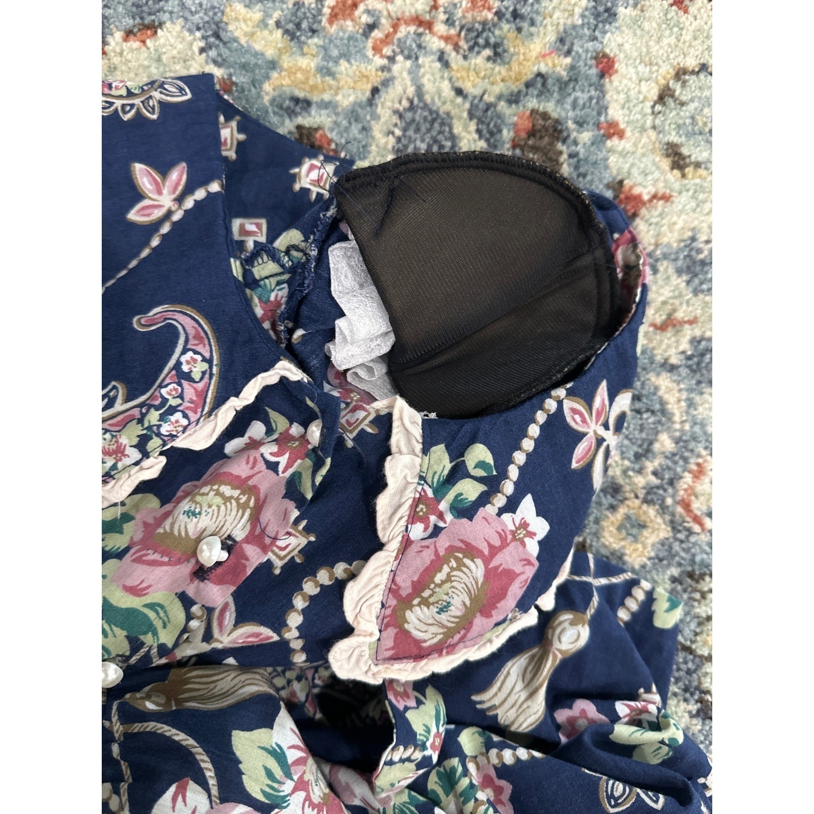 Vintage Floral Midi Dress Women Size 5 Navy Blue Lace Collar Shoulder Pads 80s