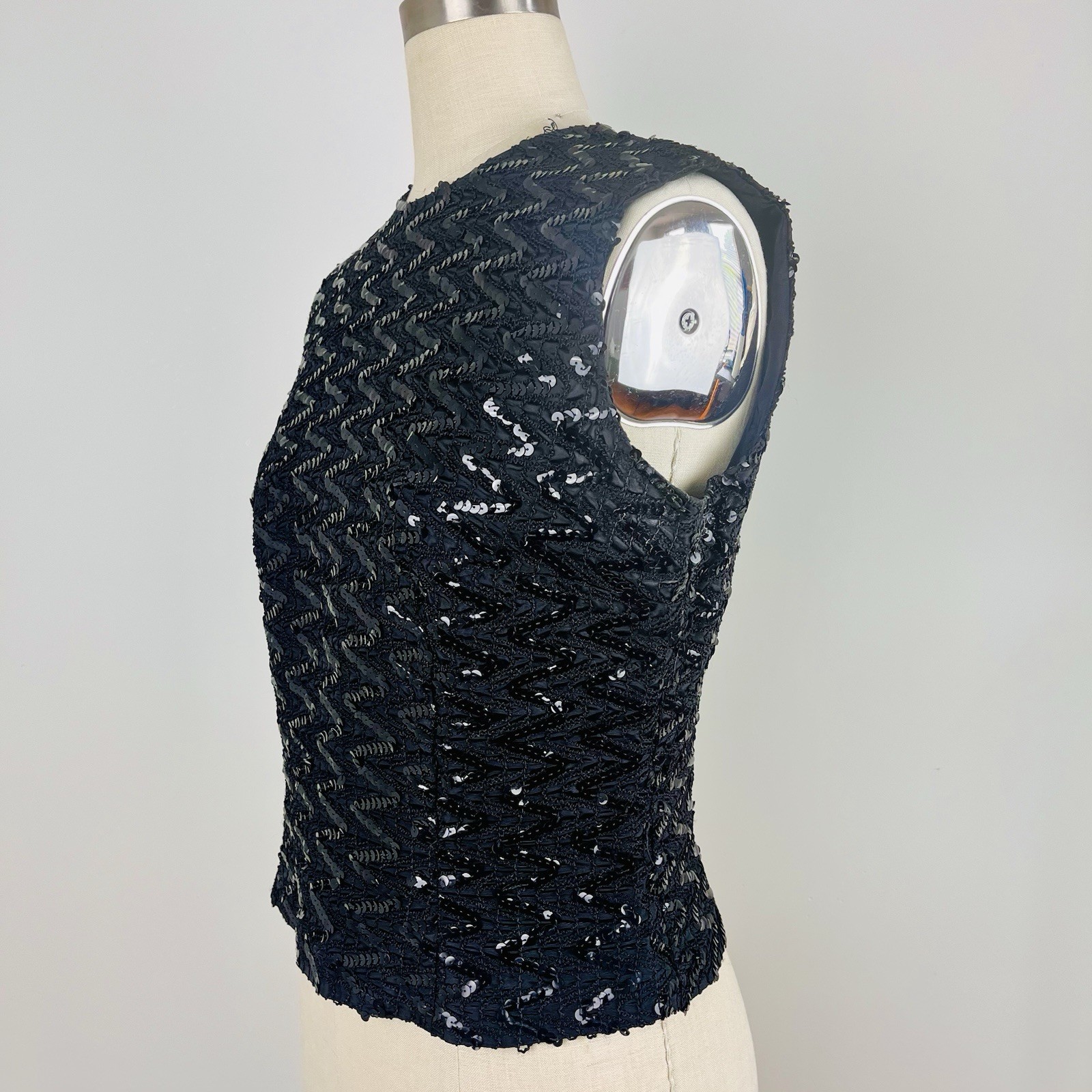Vintage 60s Worths Black Sequined Sleeveless Top Chevron Zig Zag Design XS/S
