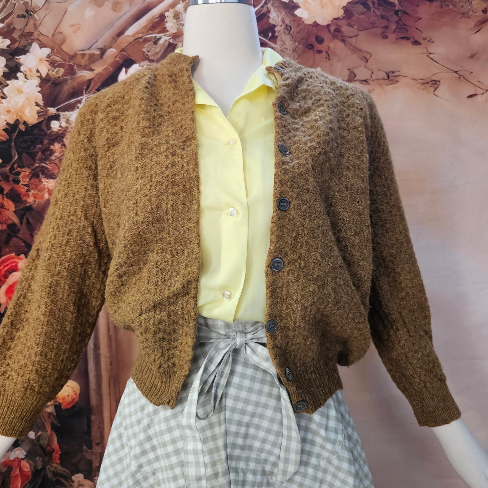 Vintage 1960’s Cardigan Sweater Bronze Brown Textured Knit Earth Tone Buttons