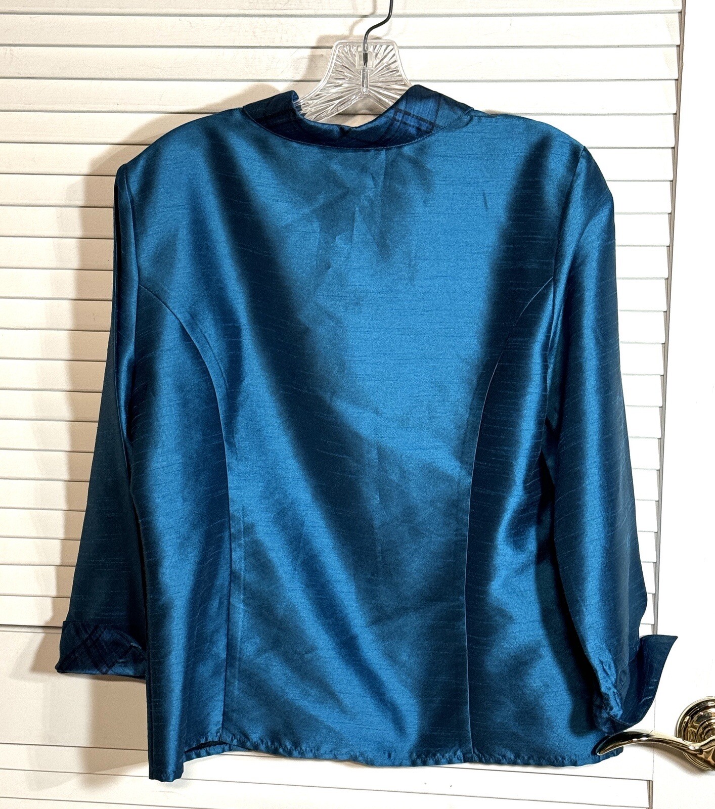 Ilyza Blouse Shiny Blue Plaid Accents Size Petite M Women Vintage Square Buttons
