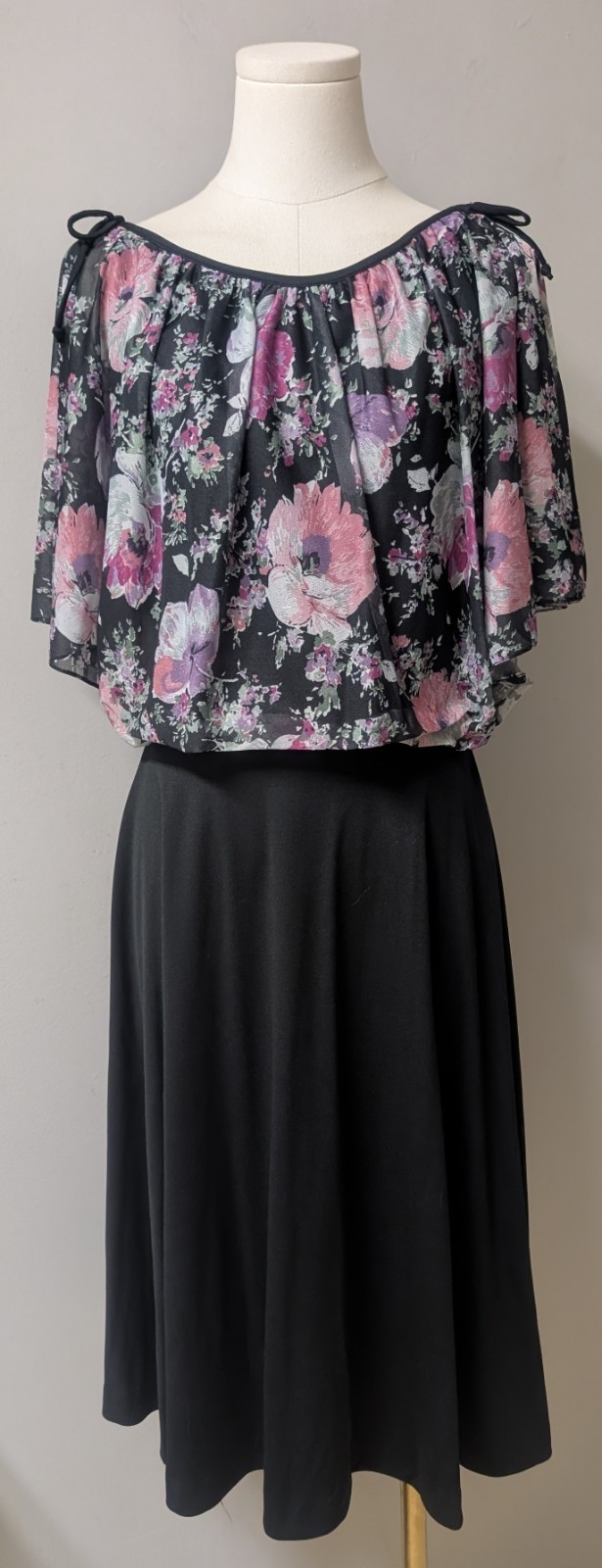 Vintage 70’s Disco Blouson Flutter Split Sleeve Dress Deadstock Black Floral S