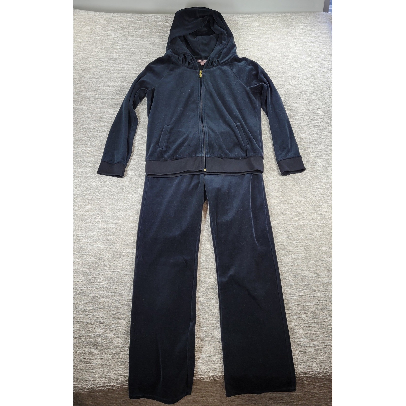 VTG Juicy Couture Velour Track Suit L Black Gold Bling Y2K Low Rise Hoodie Cozy
