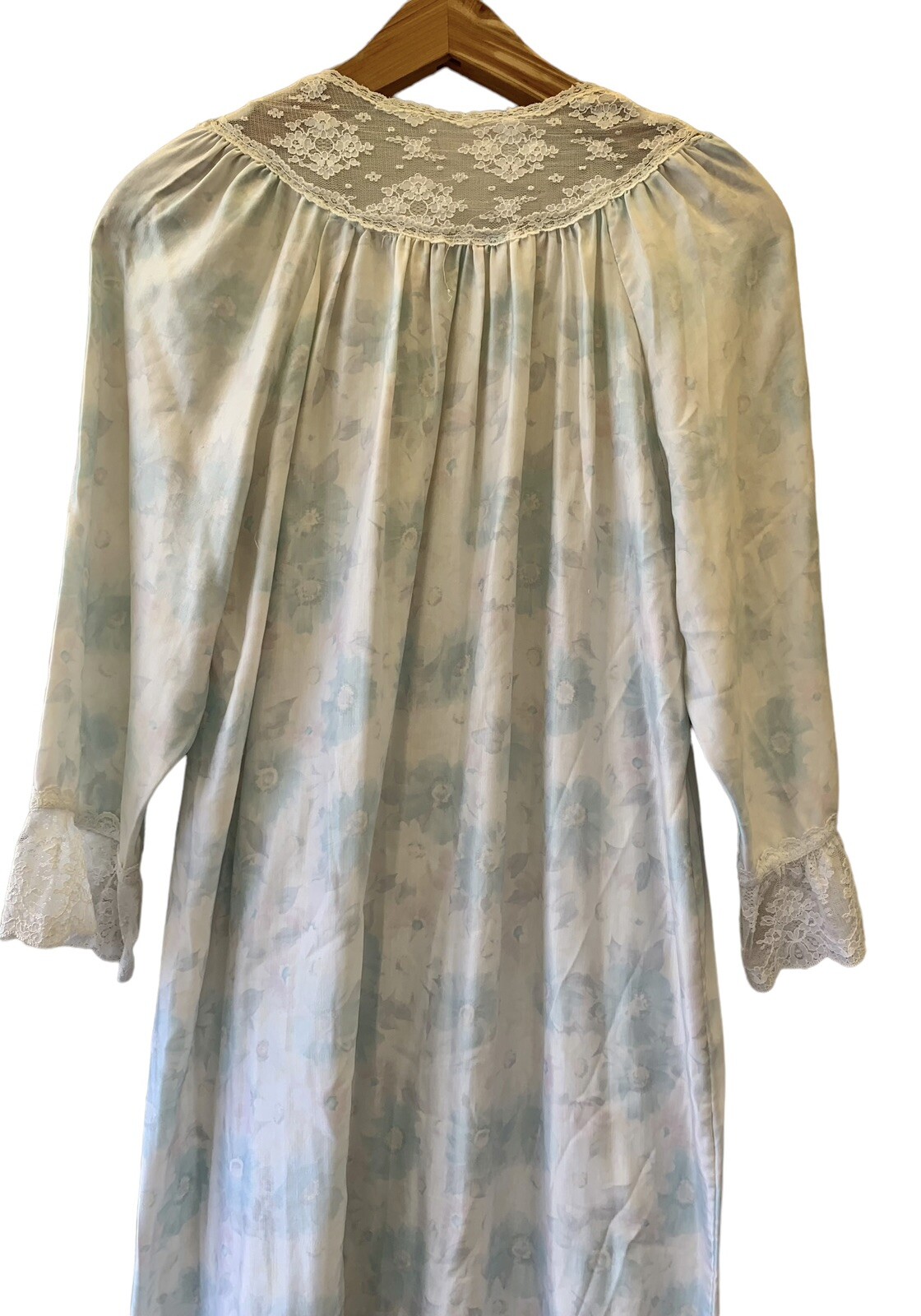 VTG Prairie Cottage Romantic Farmhouse Blue Long Nightgown Lace Corhan Floral