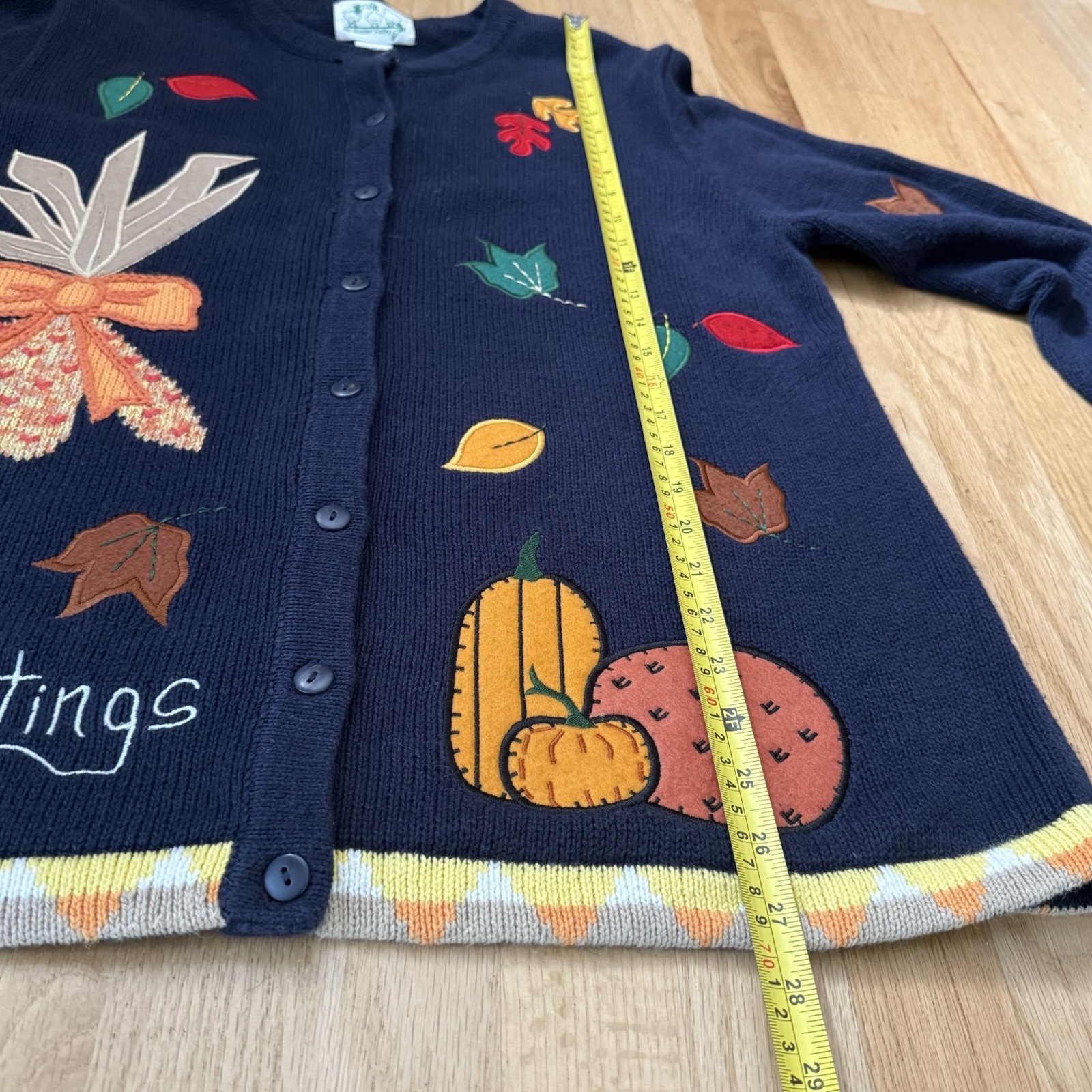 The Quacker Factory Cardigan Sweater Autumn Greetings Navy Blue Ramie Cotton Med
