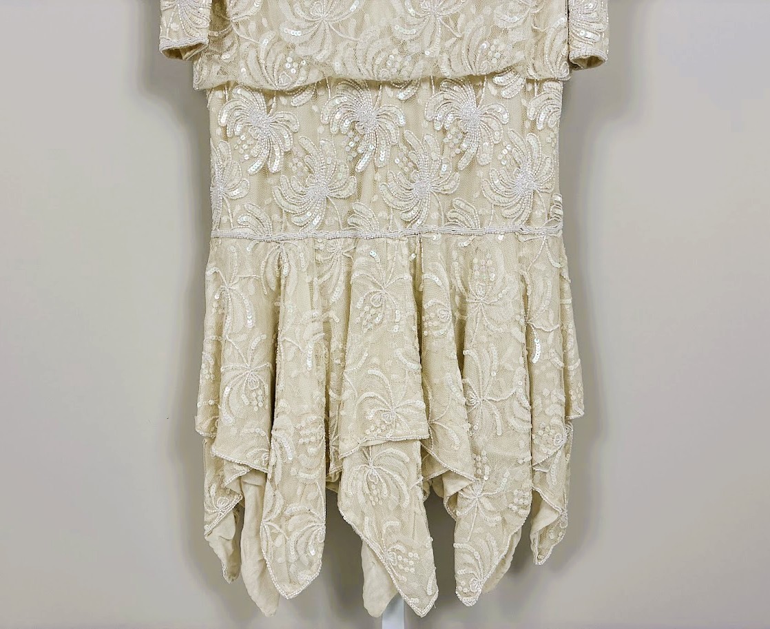 Vintage 1980s Beaded Sequin Lace Gown Ivory Handkerchief Hem Gatsby Bridal Gala