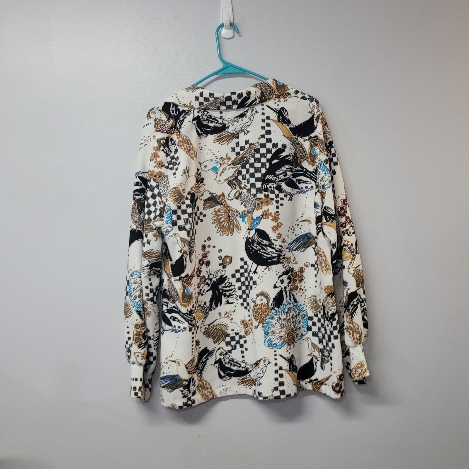 Lanie J Vintage Bird Checkerboard Print Button Up Blouse White Multi 70s Retro