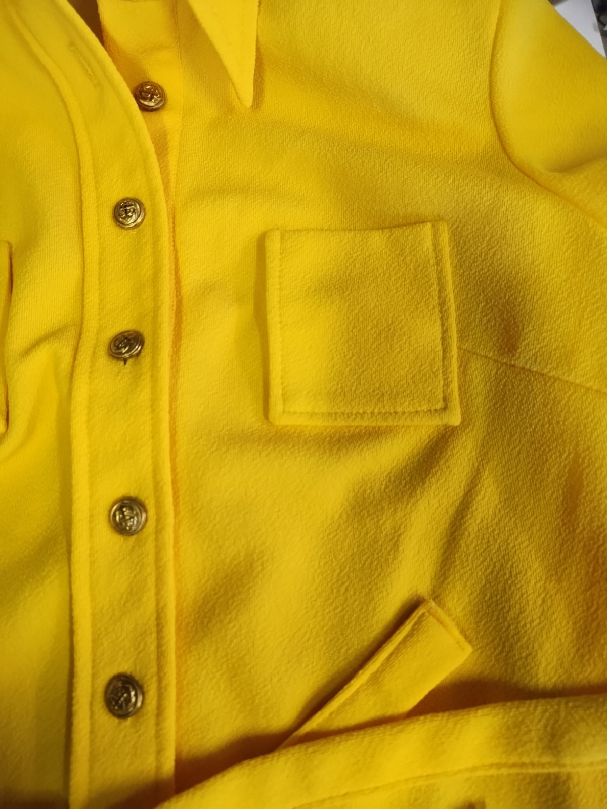 Vintage 1970’s Yellow Polyester Dress Brass Nautical Buttons Belt Pockets SM/M